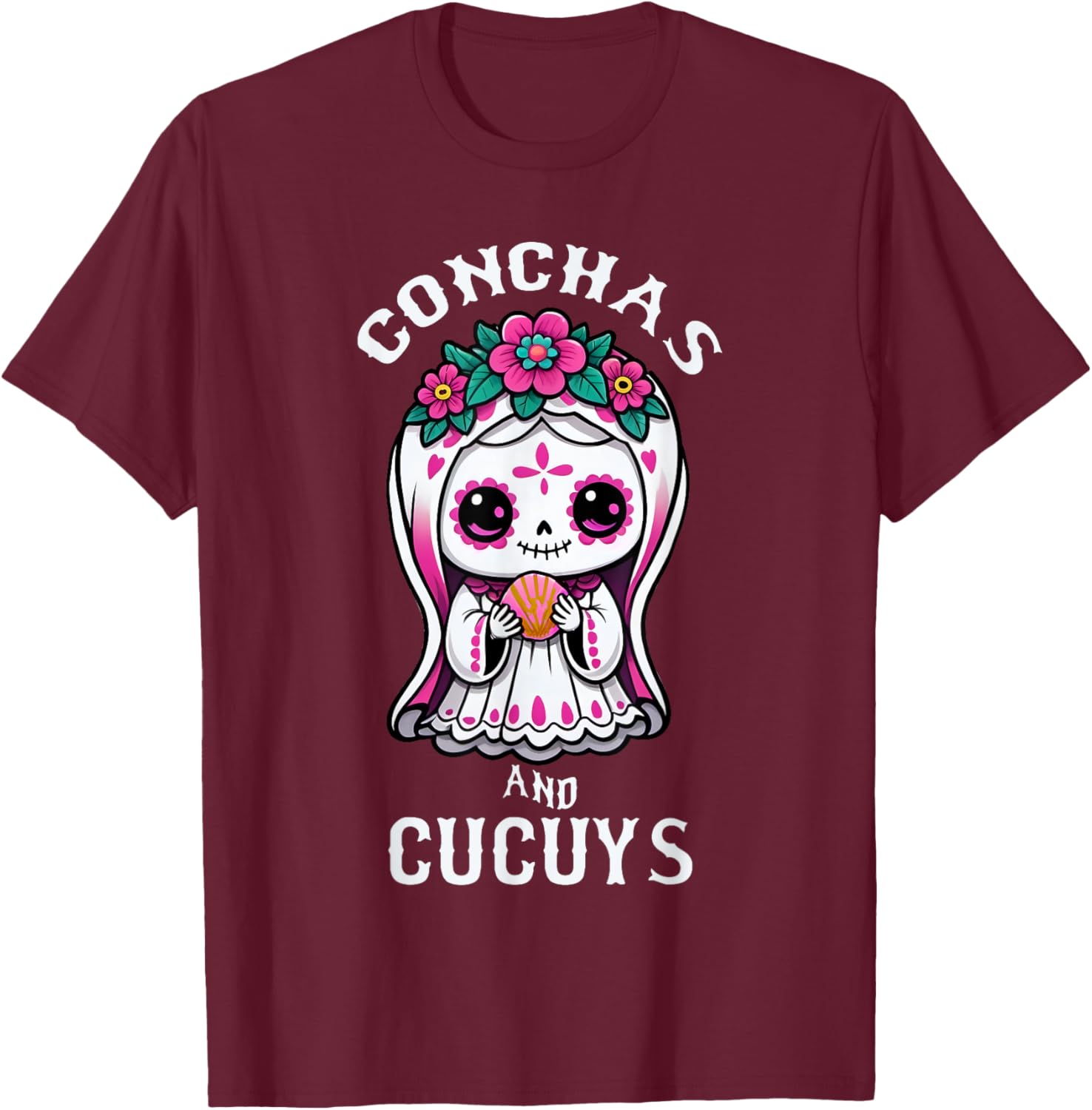 Conchas and Cucuys Mexican Halloween Ghost Concha Costume T-Shirt - T-Shirt | Maroon
