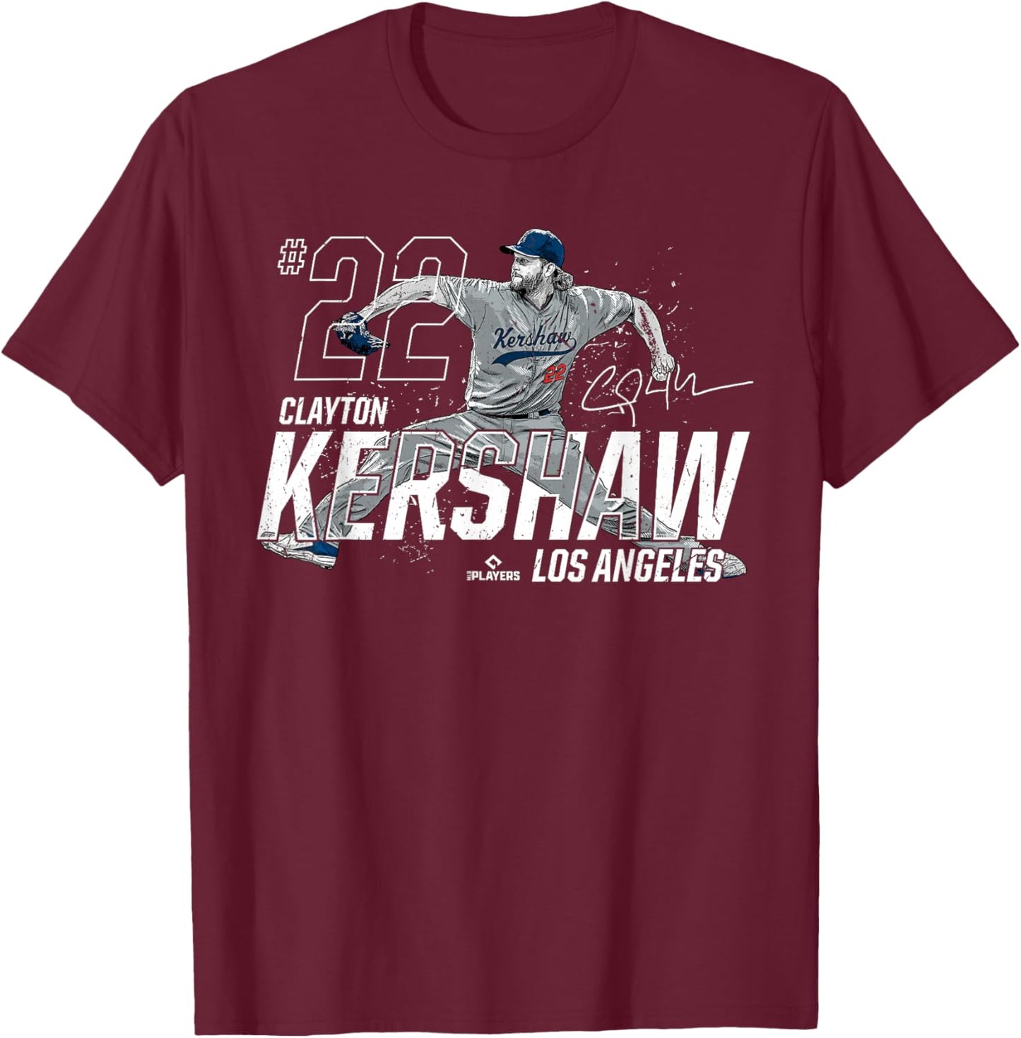 Dynamic Pose Clayton Kershaw Los Angeles Baseball MLBPA T-Shirt - T-Shirt | Maroon