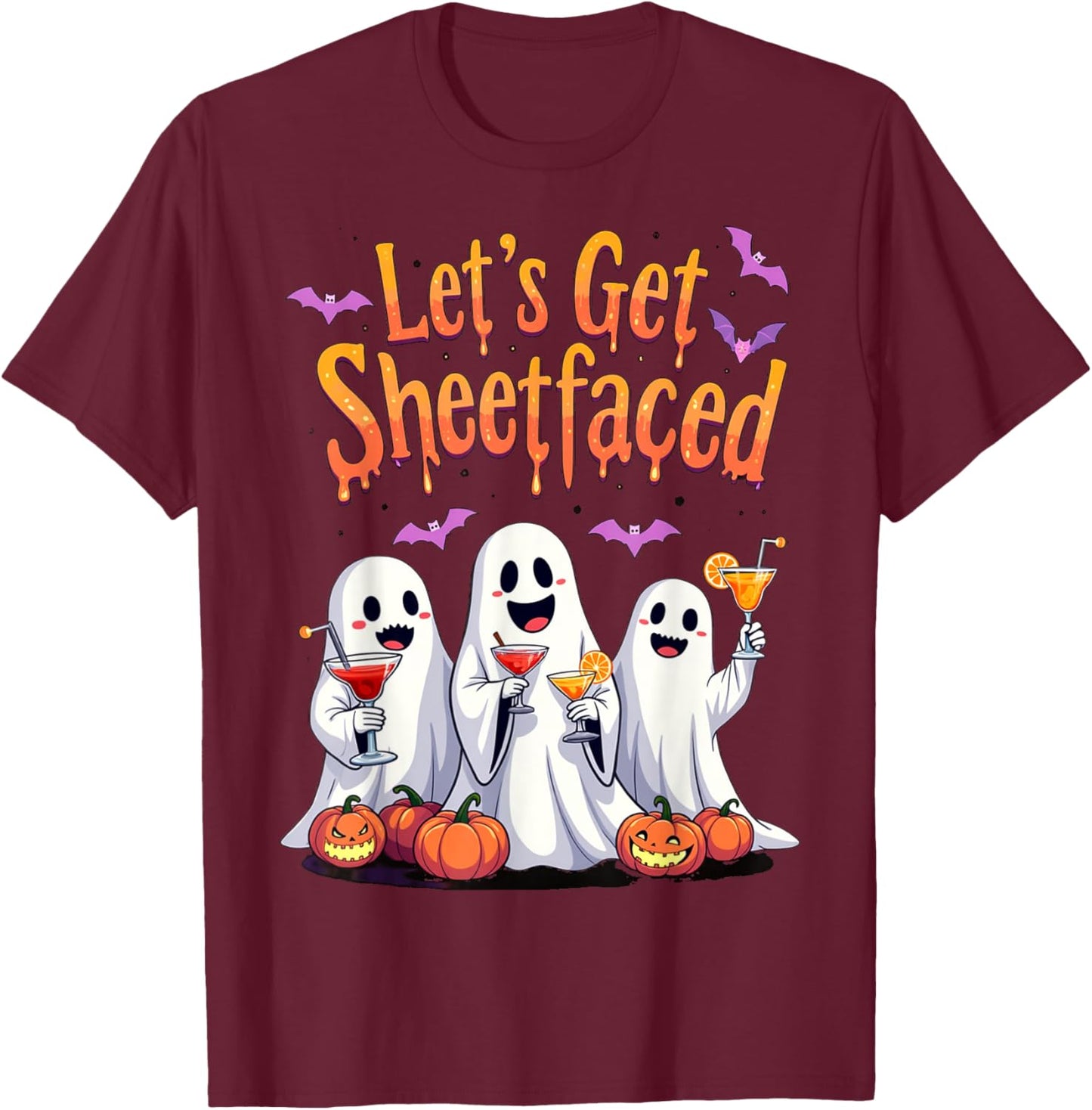 Let's Get Sheet Faced Cute Funny Ghost Drinking Halloween T-Shirt - T-Shirt | Maroon