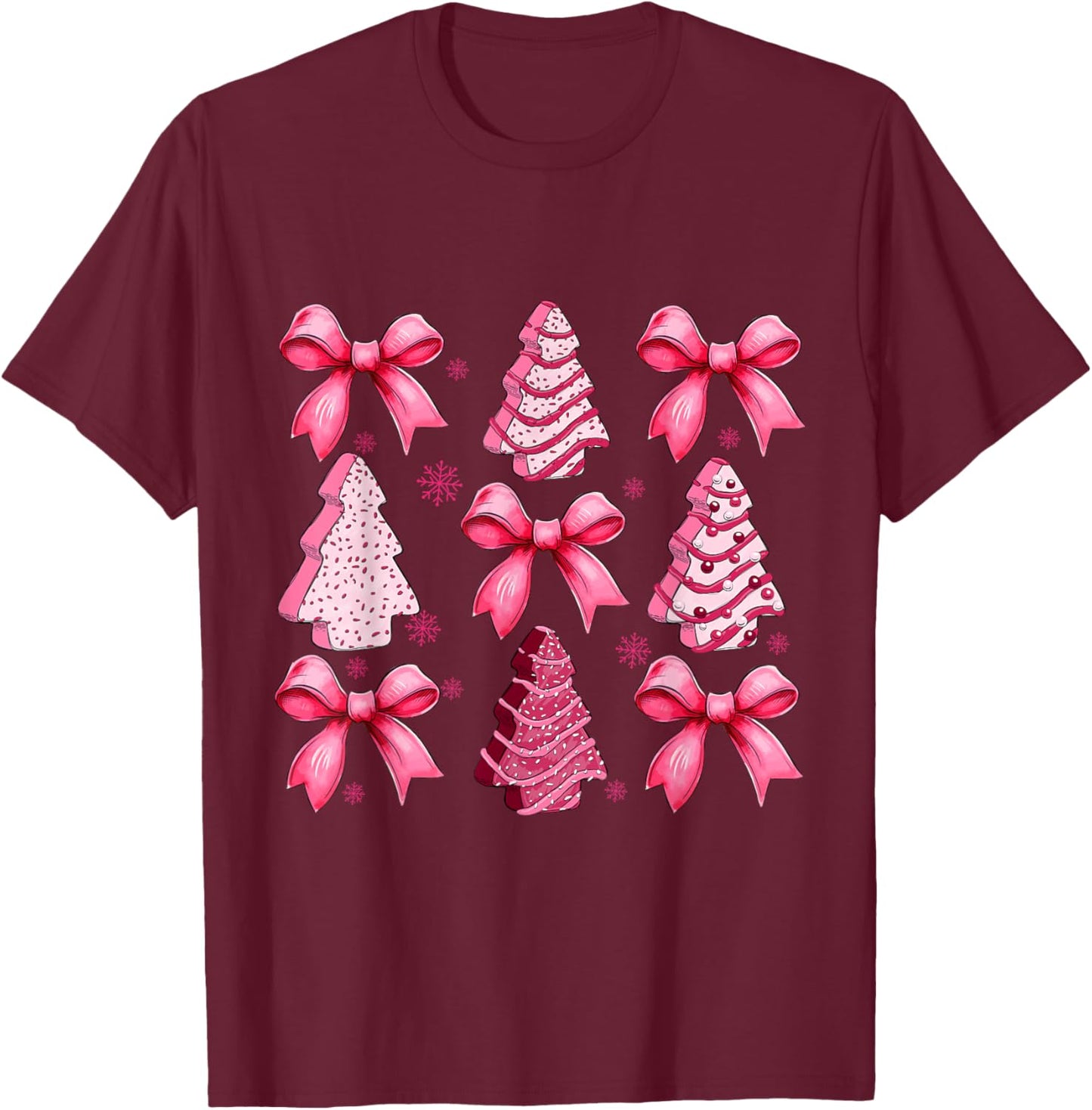 Pink Debbie Tree Cake Coquette Bow Xmas Matching Family T-Shirt - T-Shirt | Maroon