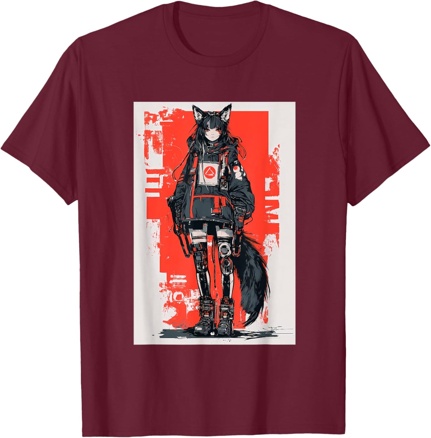 Anime Manga Cyberpunk Aesthetic Techwear Harajuku Kitsune T-Shirt - T-Shirt | Maroon