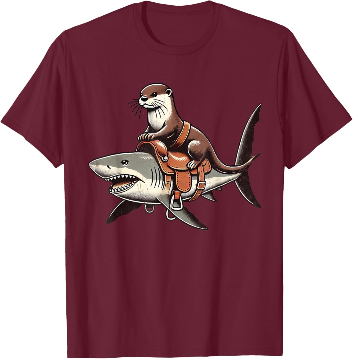 Vintage Funny Otter Art Retro Distressed Otter Riding Shark T-Shirt - T-Shirt | Maroon