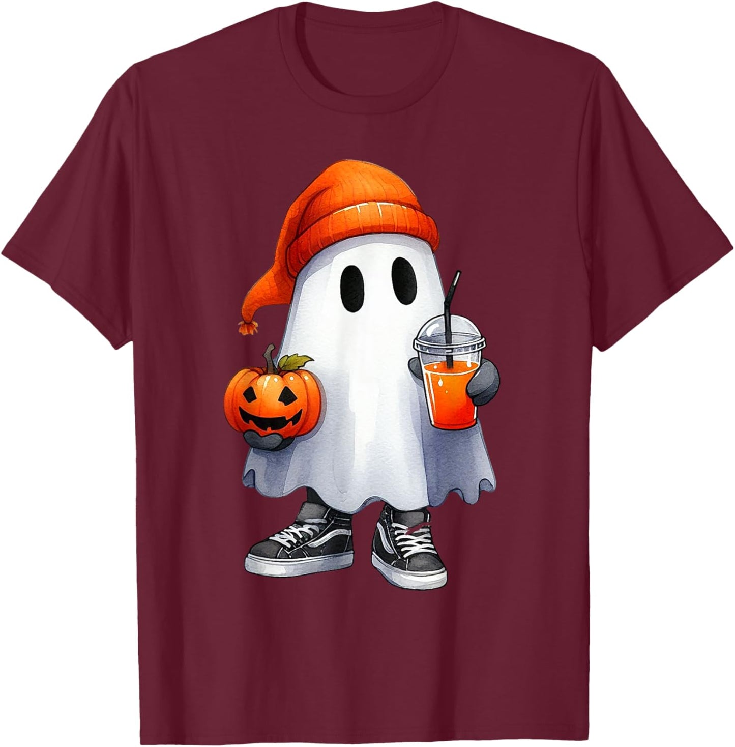 Cute Halloween Ghost Drink Pumpkin Halloween Boo Girl Women T-Shirt - T-Shirt | Maroon
