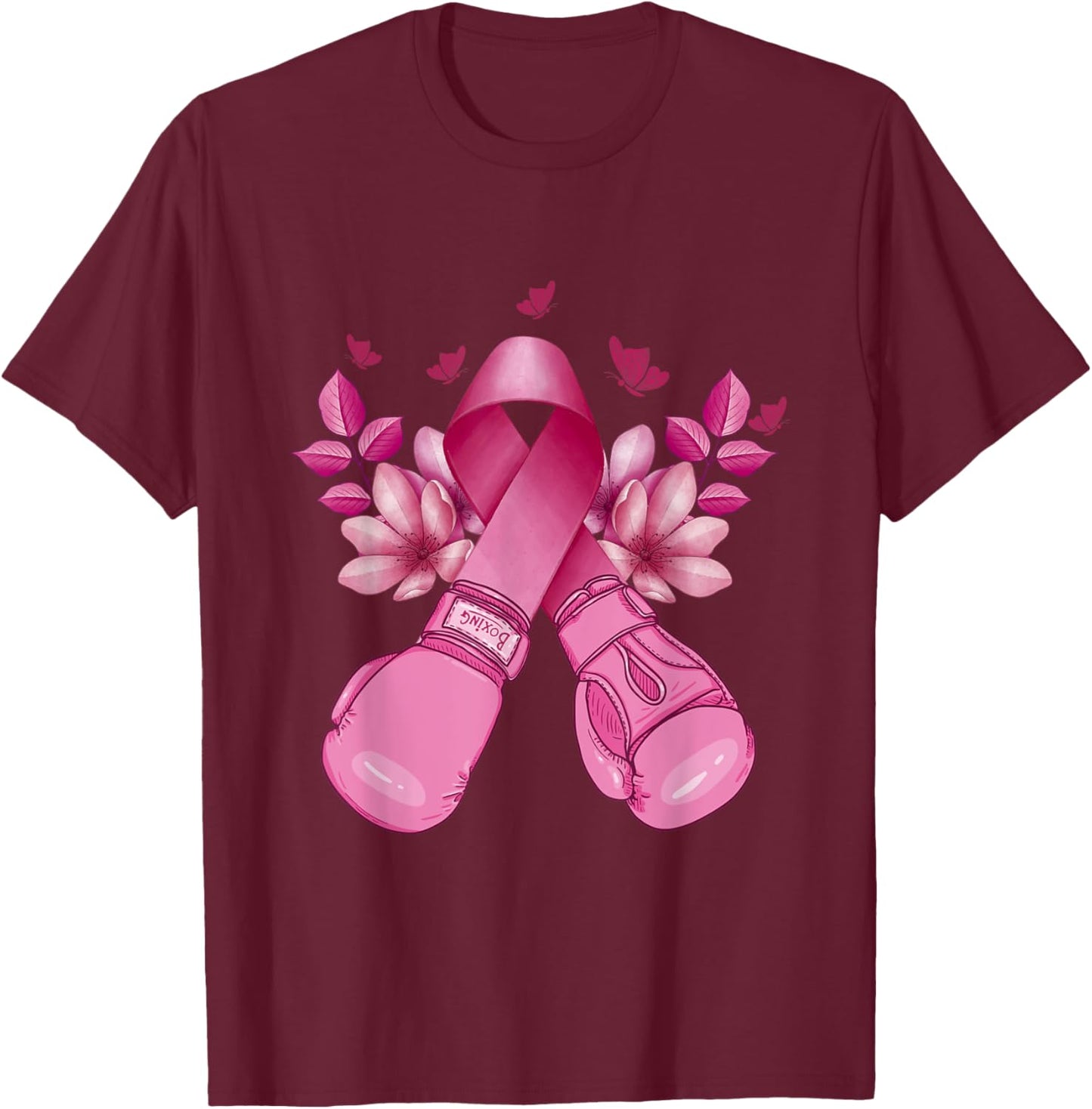 Boxing Gloves With Pink Ribbon Breast Cancer Supporter Gifts T-Shirt - T-Shirt | Maroon