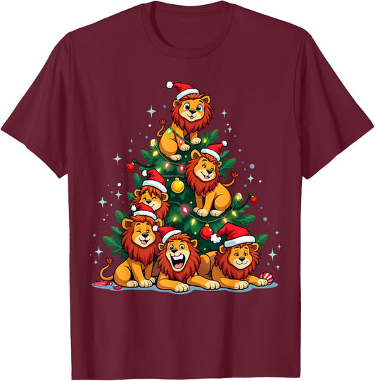 Lion Christmas Tree Funny Holiday Cute Lion T-Shirt - T-Shirt | Maroon