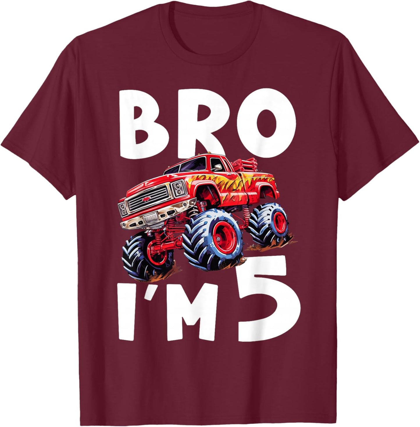 5th Birthday Boy Bro I’m 5 Year Old Monster Trucks Five Bday T-Shirt - T-Shirt | Maroon