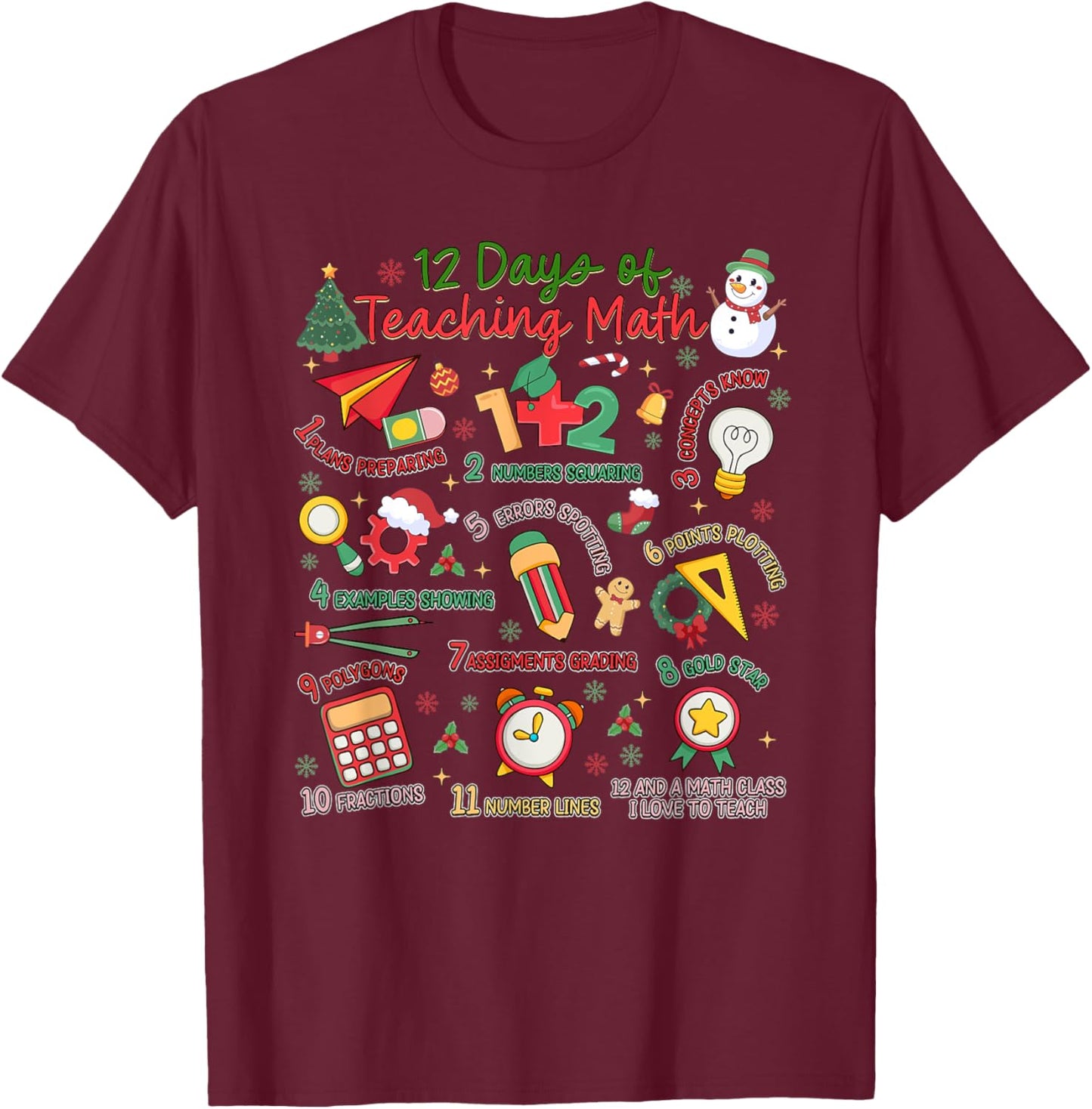 12 Days of Math Teacher Christmas Holiday T-Shirt - T-Shirt | Maroon