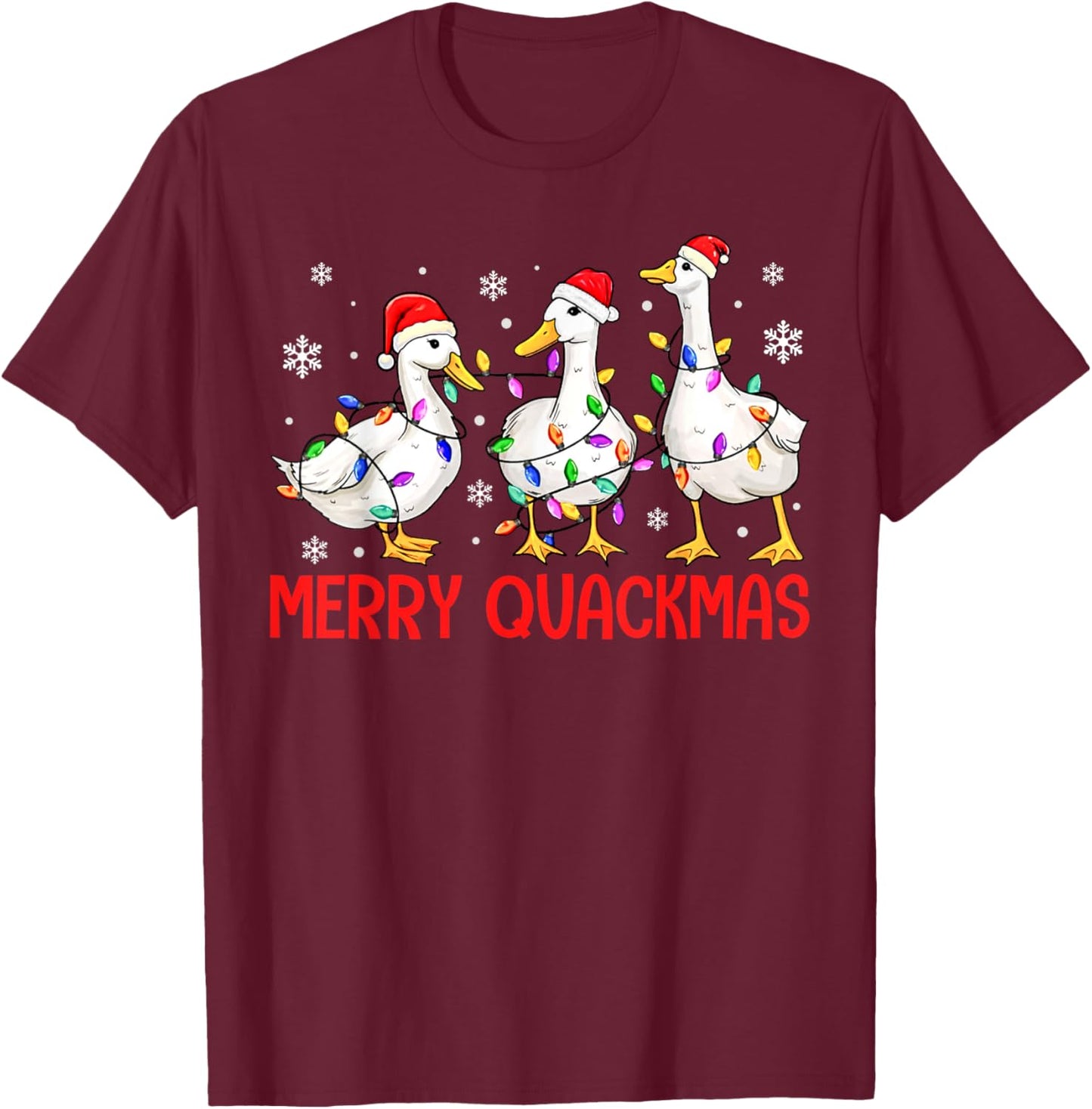 Funny Merry Quackmas Duck Santa Hat Christmas Lights Duck T-Shirt - T-Shirt | Maroon