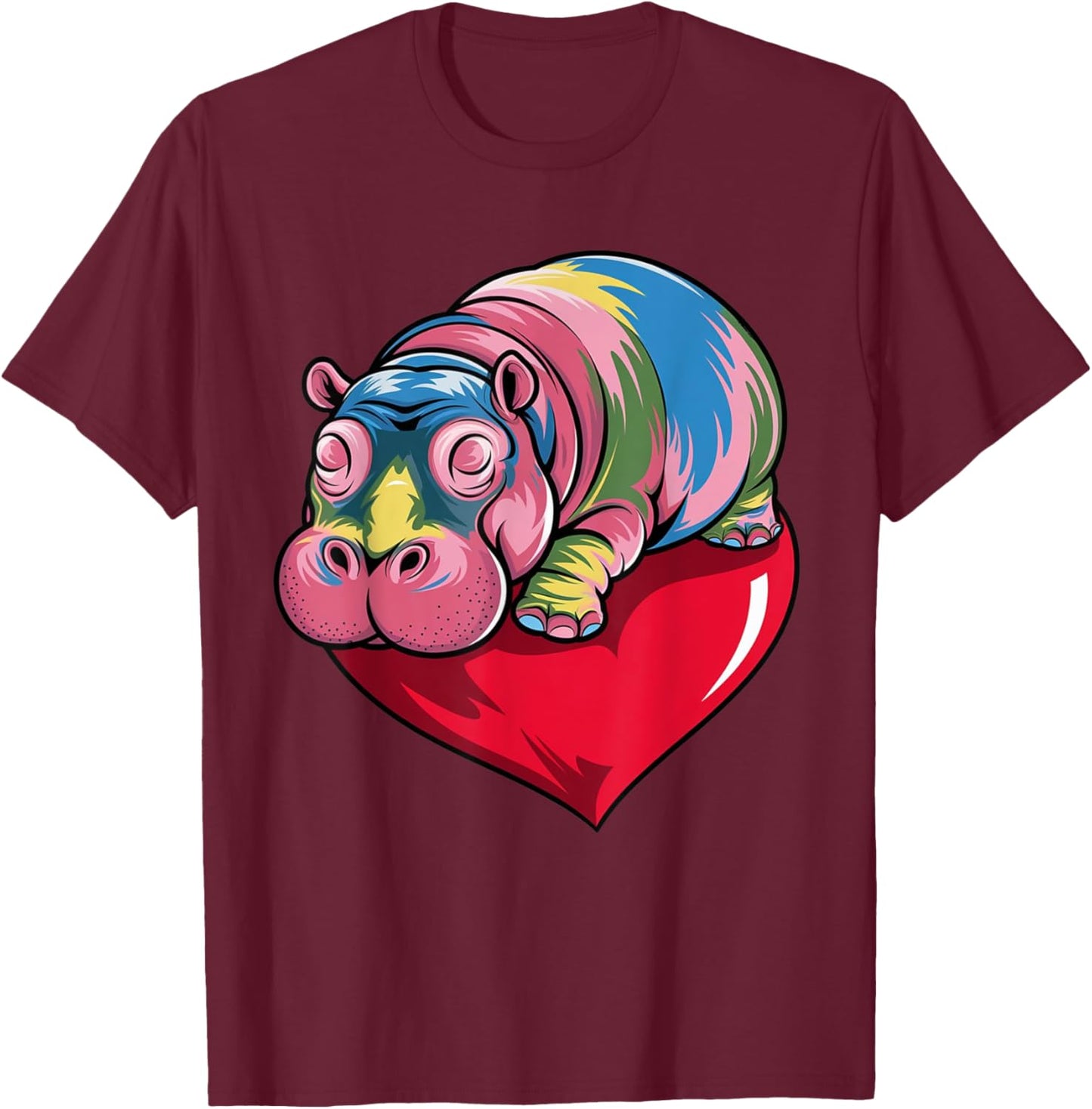 Pygmy Hippo Hugging Heart T-Shirt - T-Shirt | Maroon