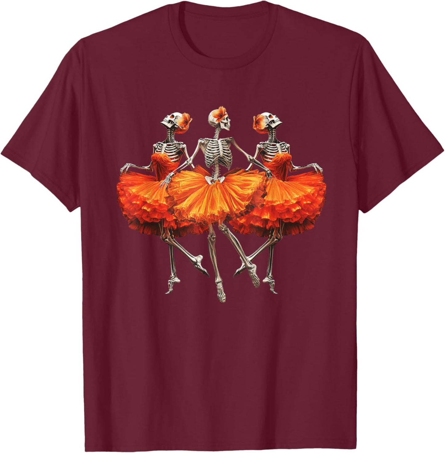 Dancing Skeleton Ballerina Graphic Fun Halloween Dance T-Shirt - T-Shirt | Maroon