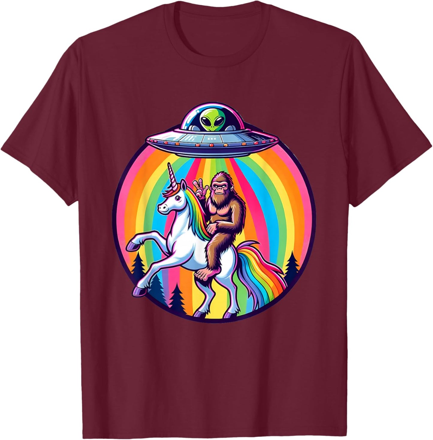 Bigfoot Riding a Unicorn beamed up by a UFO, Alien, Cryptid T-Shirt - T-Shirt | Maroon