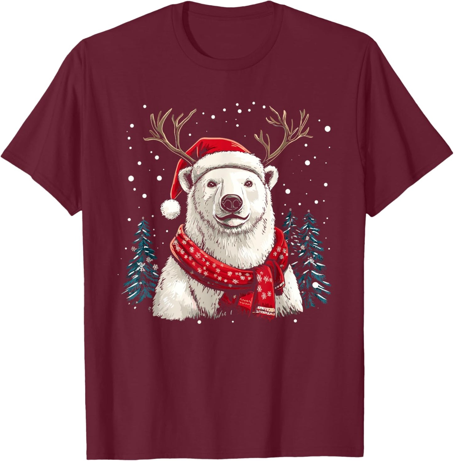 Polar Bear Reindeer Santa Hat Christmas Pajama Funny Xmas T-Shirt - T-Shirt | Maroon