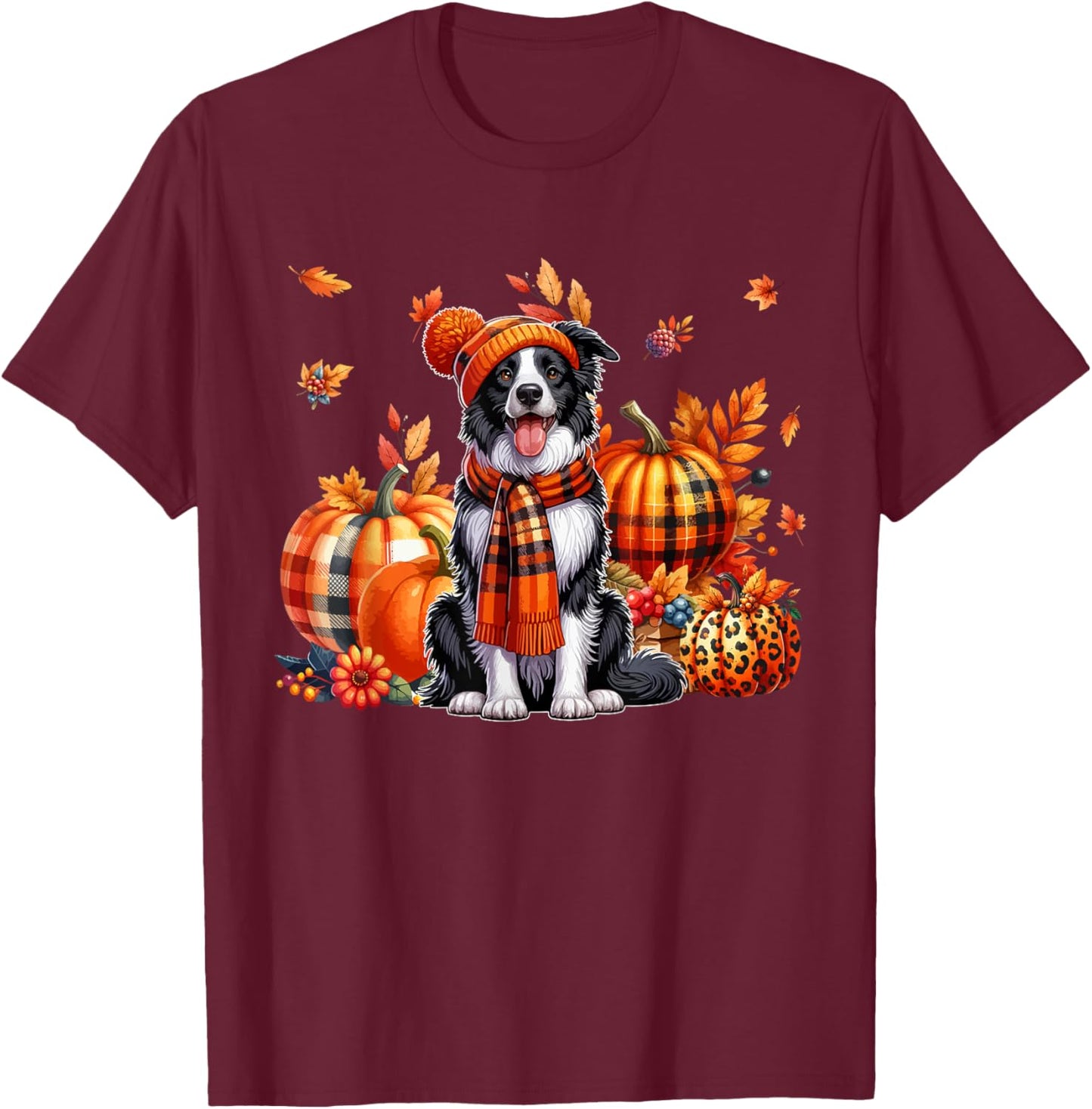 Border Collie Thanksgiving Leopard Pumpkins Fall Leaves T-Shirt - T-Shirt | Maroon