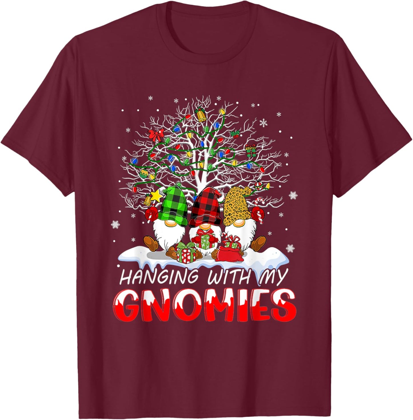 Funny Christmas Gnome Hanging With My Gnomies Family Pajamas T-Shirt - T-Shirt | Maroon