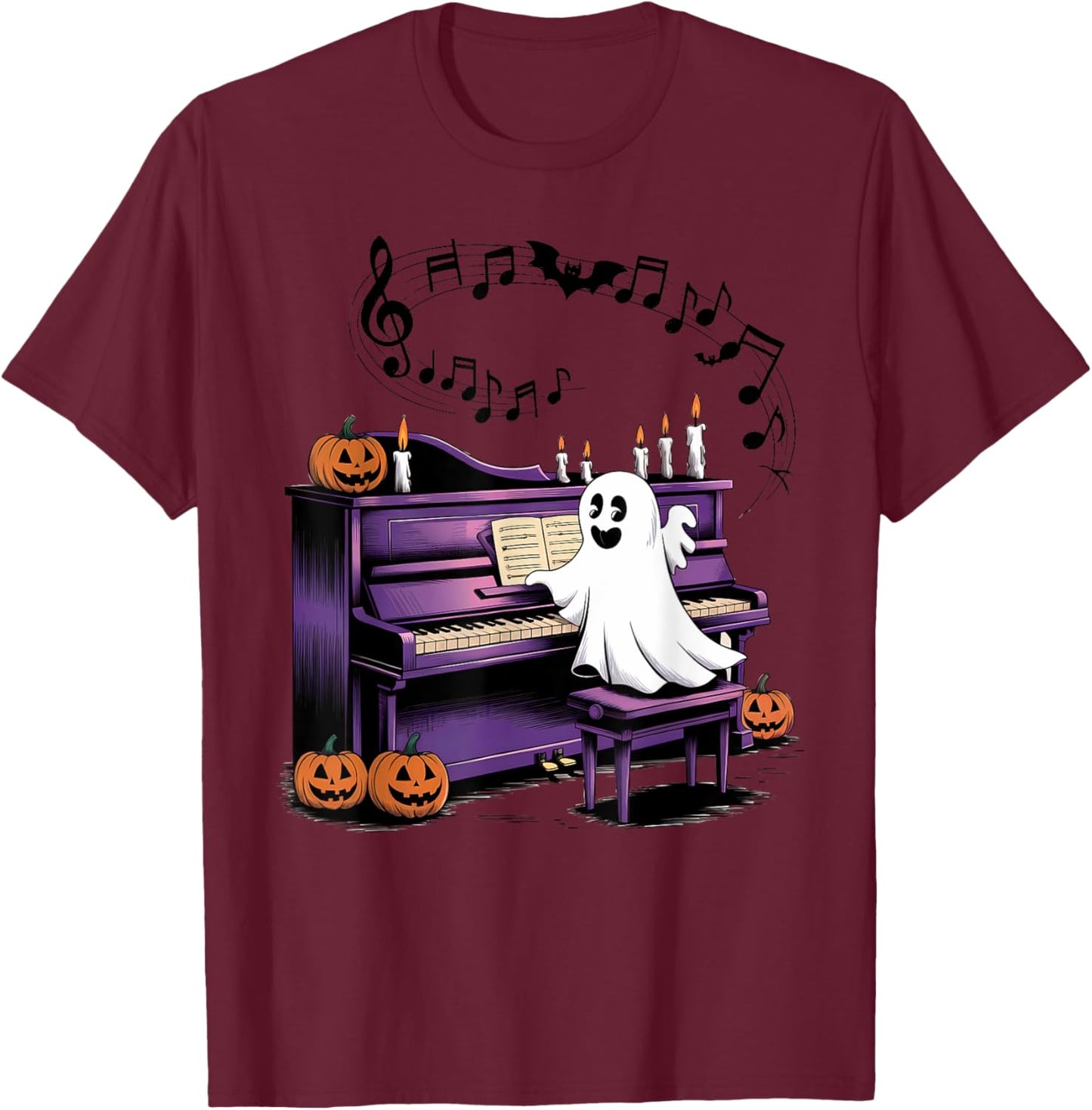 Spooky Halloween Ghost Playing Piano Pianist Musical Lovers T-Shirt - T-Shirt | Maroon