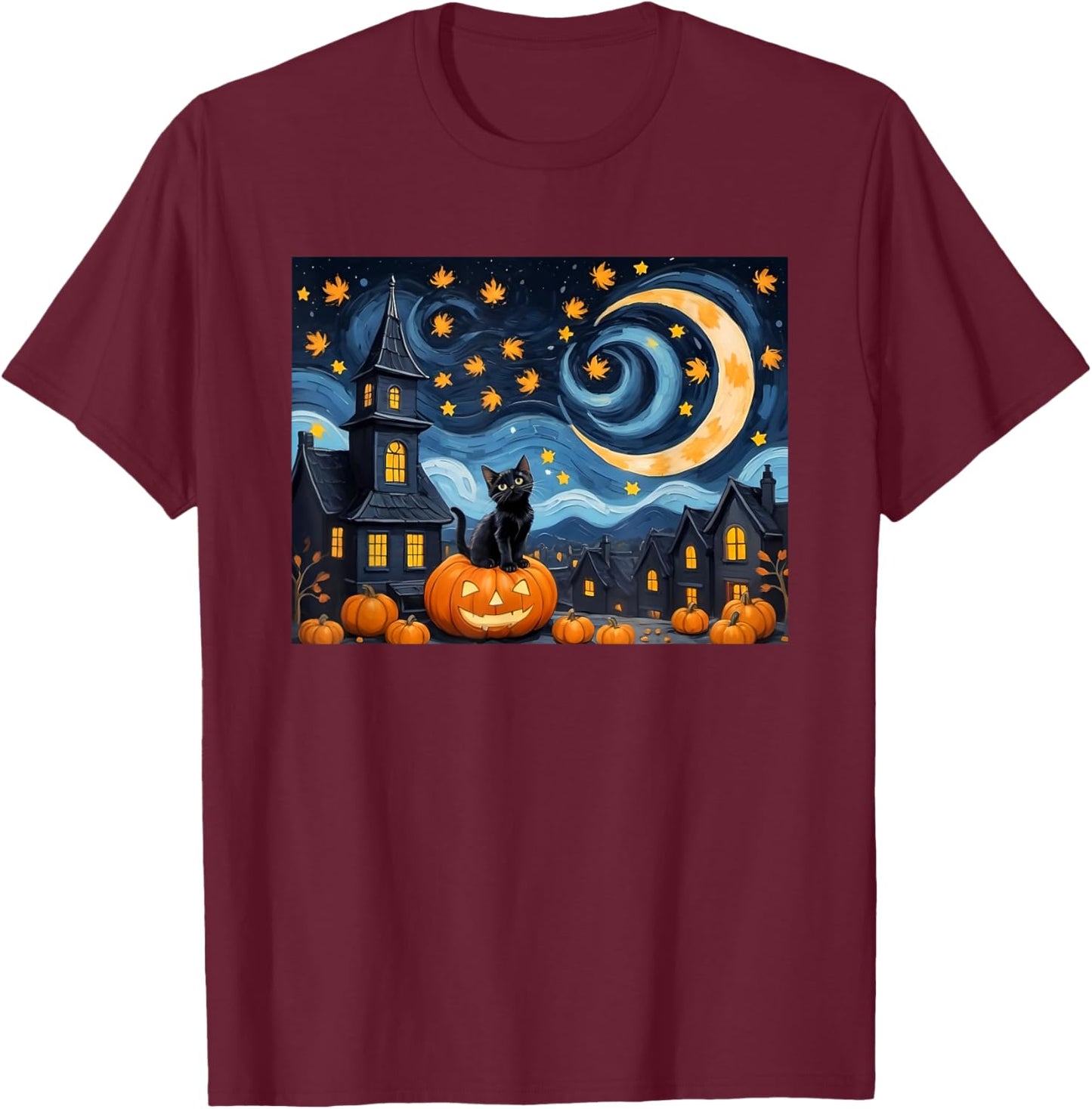 Halloween Van Gogh Starry Night Black Cat Pumpkin Vintage Men Women Kids T-Shirt - T-Shirt | Maroon
