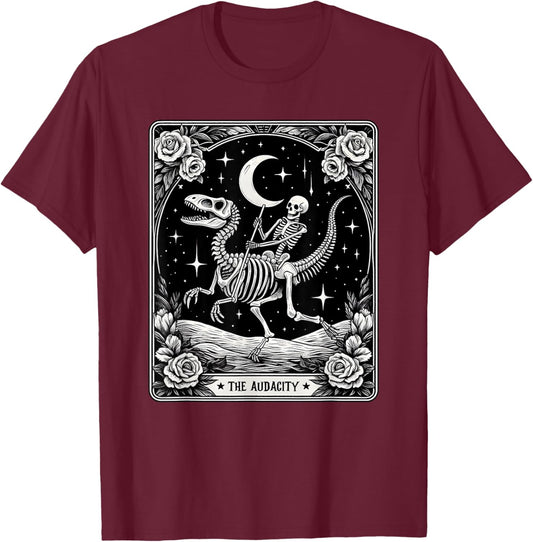 The Audacity Skeleton Riding Dinosaur Tarot Card Halloween T-Shirt - T-Shirt | Maroon