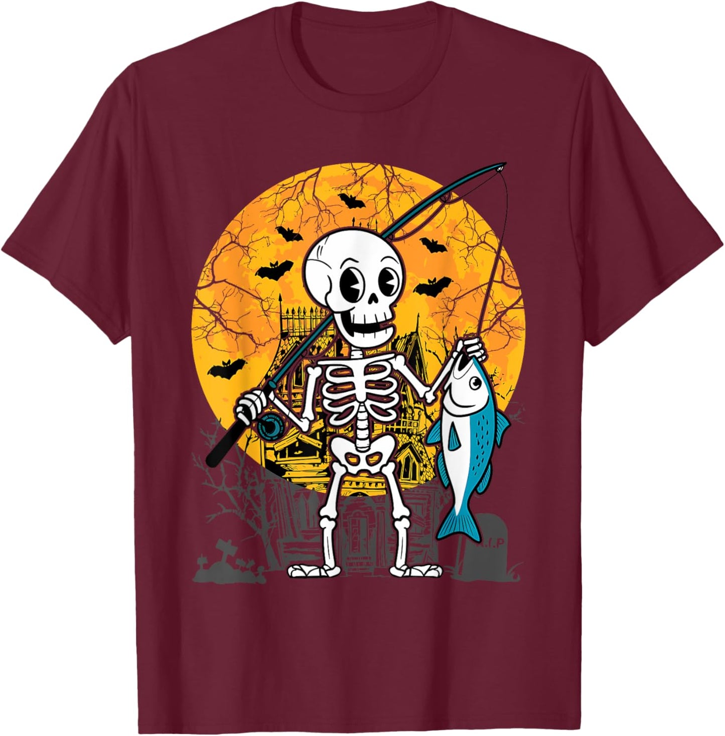Halloween Skeleton Fishing Costume Fisherman Men Boys Kids T-Shirt - T-Shirt | Maroon
