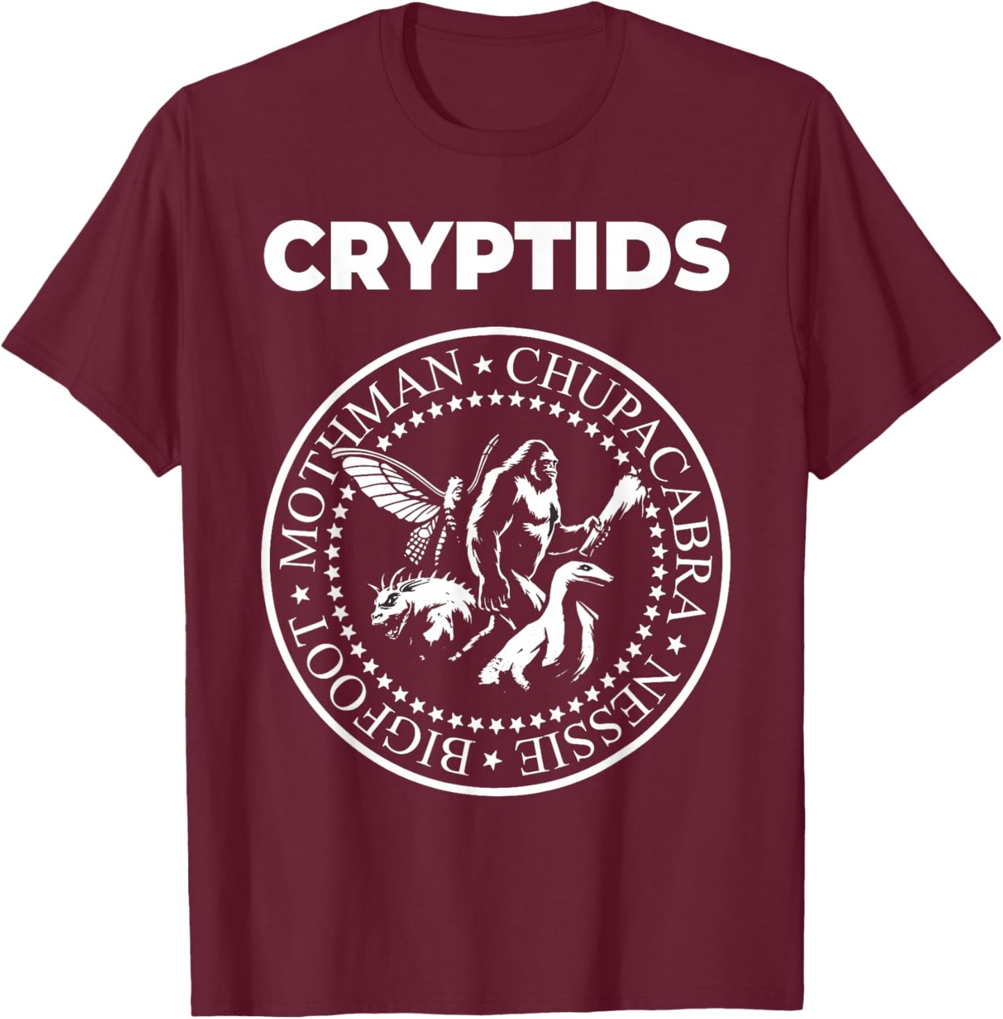 Cryptids Mothman Chupacabra Bigfoot Nessie Cryptozoology T-Shirt - T-Shirt | Maroon