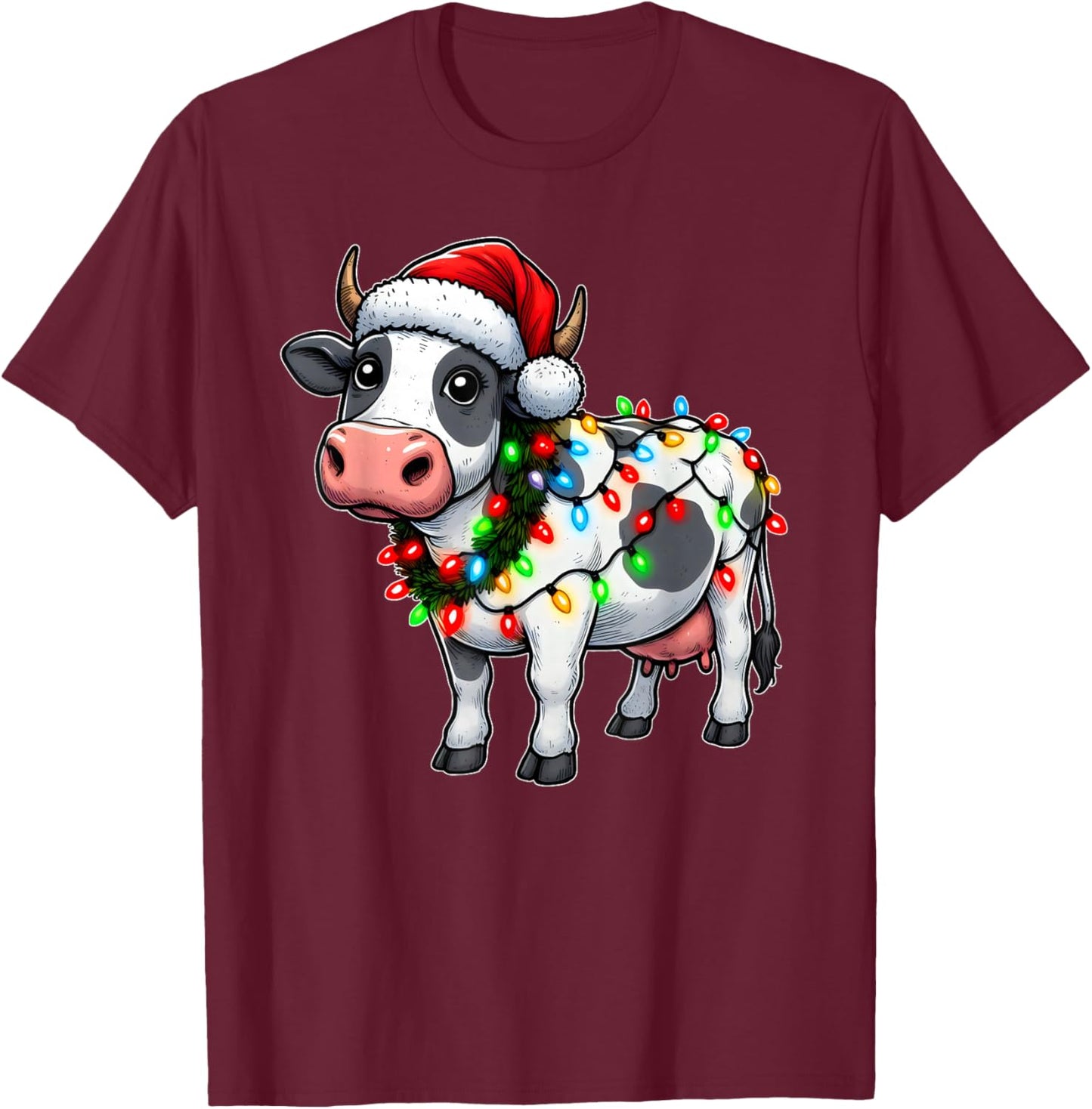 Merry Christmas Cow Santa Christmas Lights Cow Xmas Tree T-Shirt - T-Shirt | Maroon