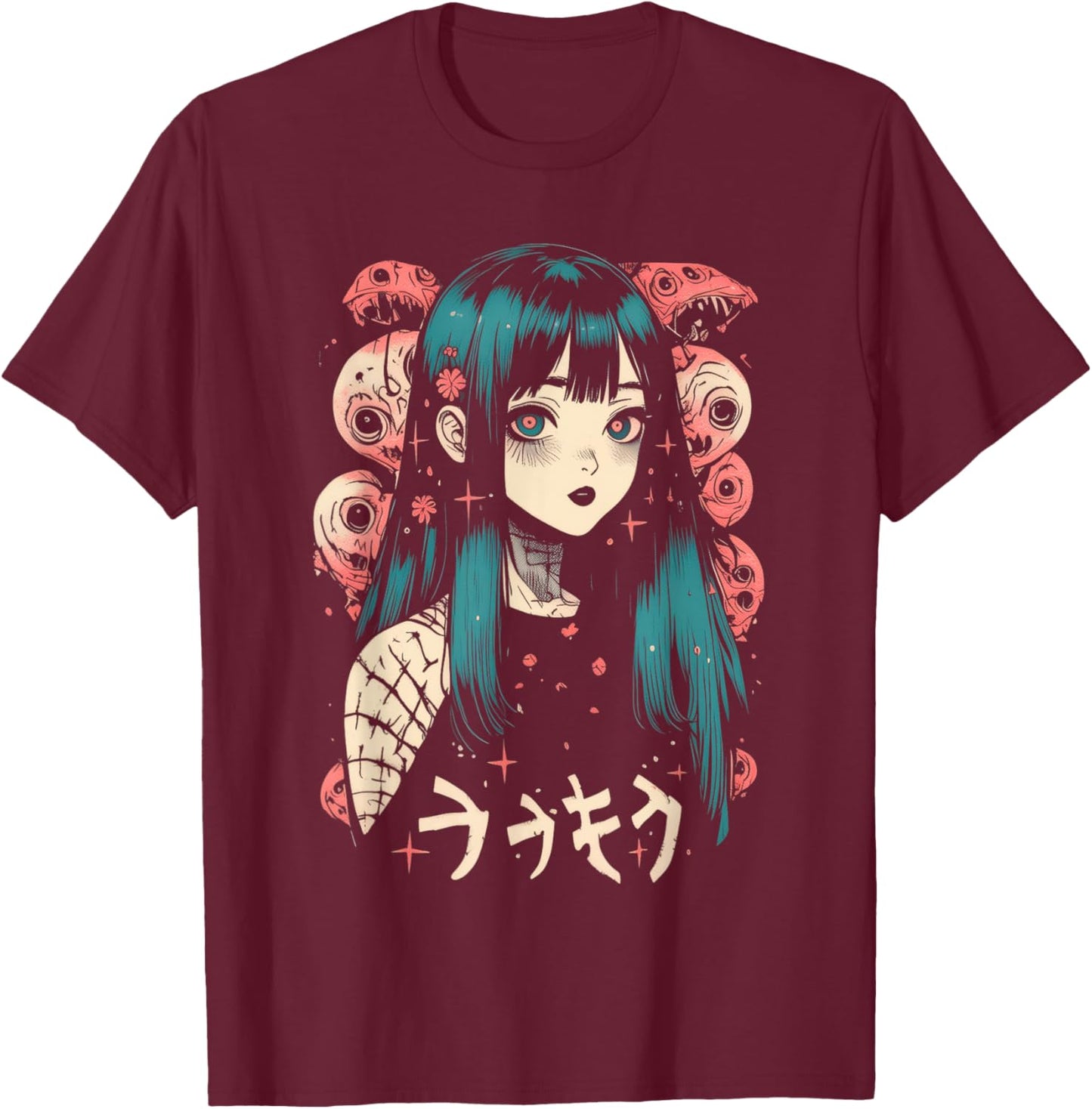 Goth Grunge Demon Anime Girl Waifu Horror Alt Aesthetic T-Shirt - T-Shirt | Maroon