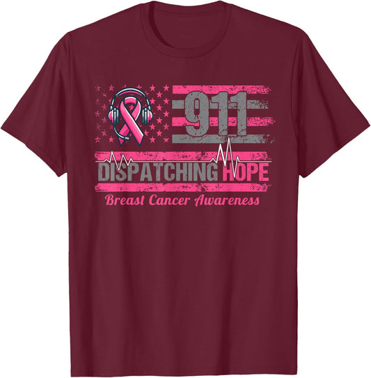 911 Dispatcher Breast Cancer Awareness American Flag T-Shirt - T-Shirt | Maroon