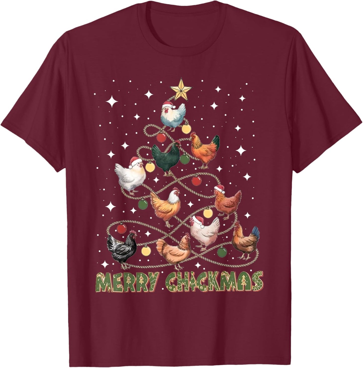 Merry Chickmas Chicken Christmas Tree Lights Farmer Gifts PJ T-Shirt - T-Shirt | Maroon