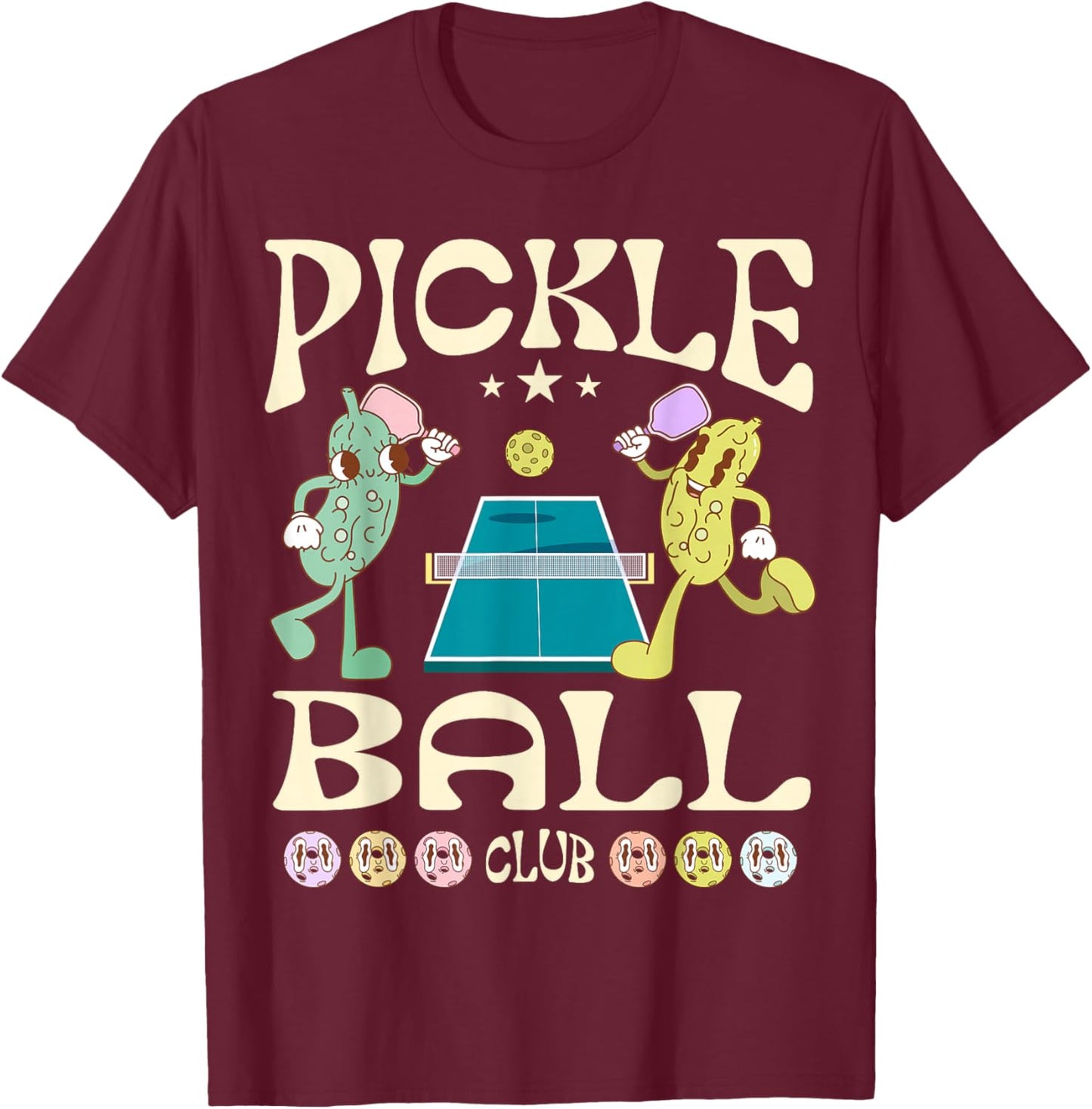 Pickleball Club Funny Pickle Playing Pickleball Groovy T-Shirt - T-Shirt | Maroon