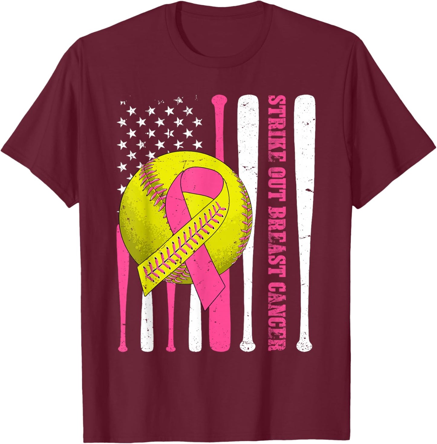 Strike Out Breast Cancer Softball American Flag Women Girls T-Shirt - T-Shirt | Maroon