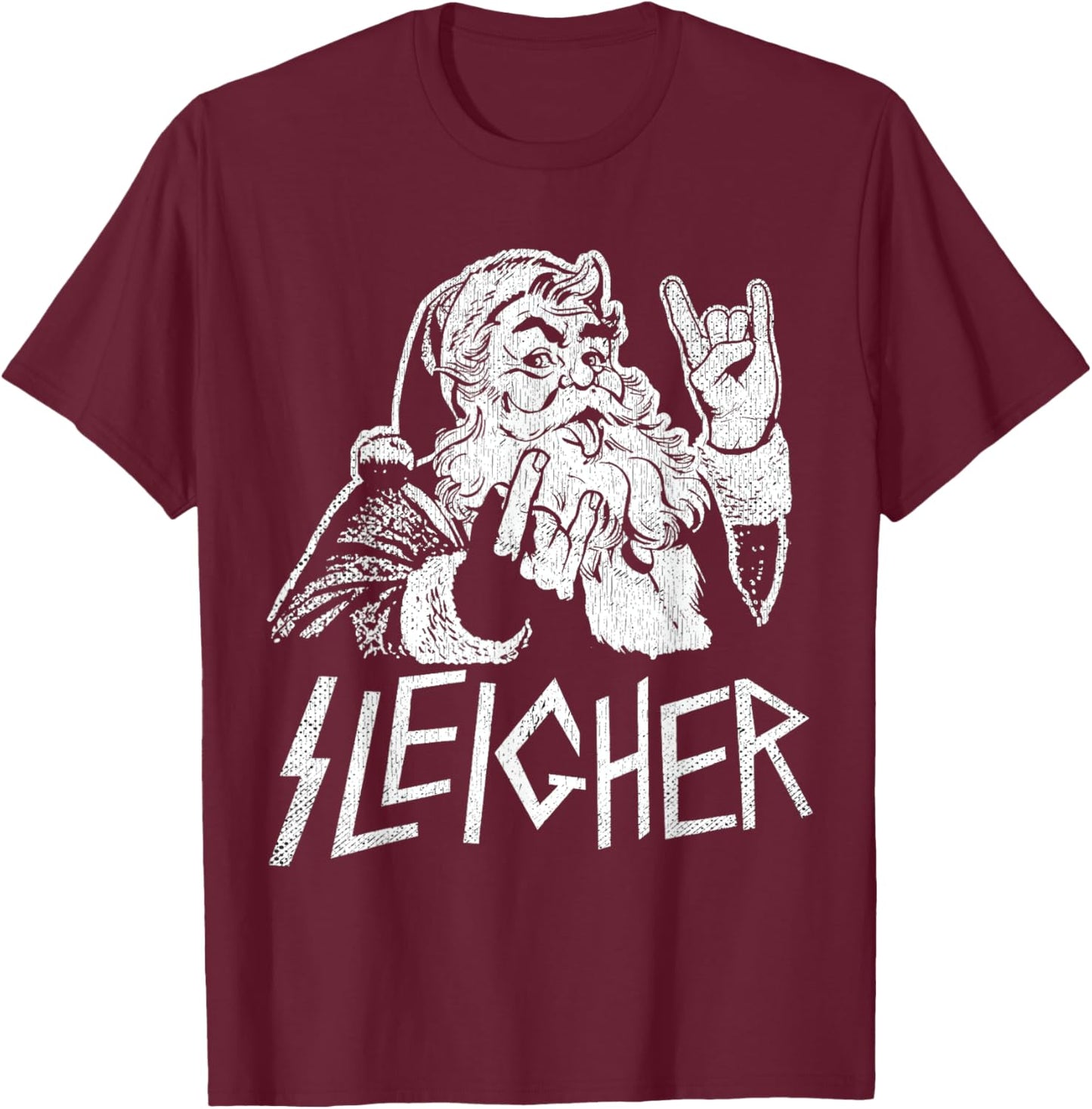 Sleigher Santa Claus Rock On Goth Heavy Metal Christmas T-Shirt - T-Shirt | Maroon