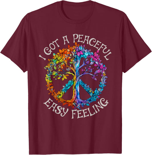 I Got An Easy Peaceful Feeling Vintage Art Forest Peace Tree T-Shirt - T-Shirt | Maroon