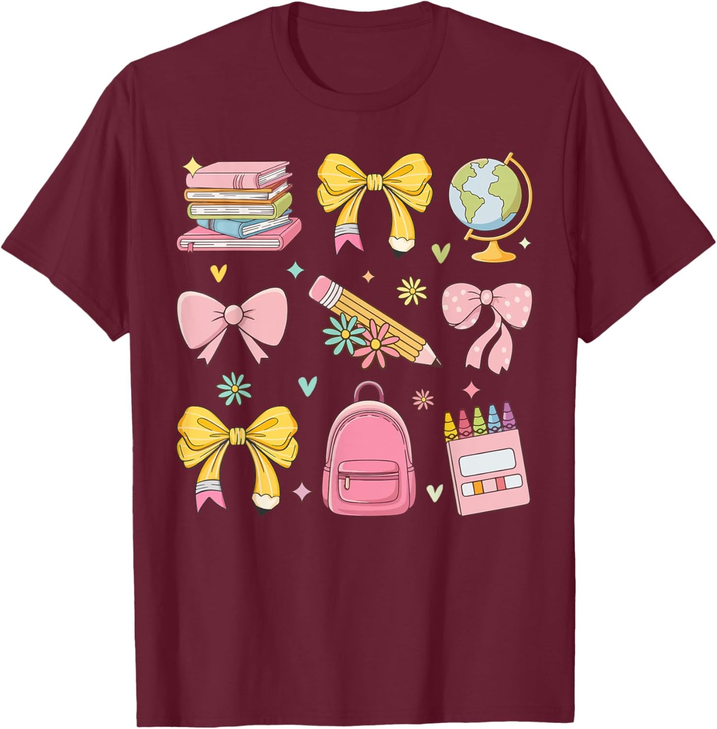 Coquette Bow Pencil Teacher Back To School Appreciation T-Shirt - T-Shirt | Maroon
