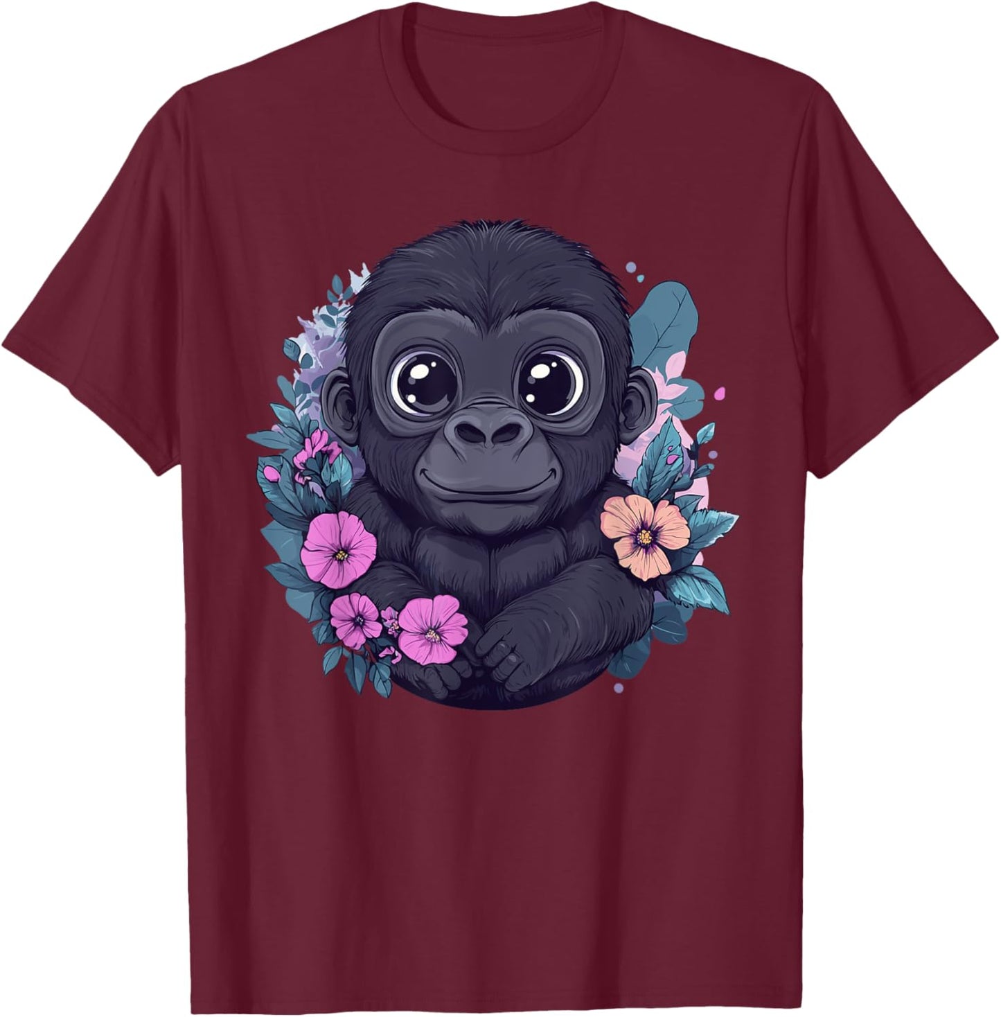Adorable Baby Gorilla Surrounded By Flowers T-Shirt - T-Shirt | Maroon