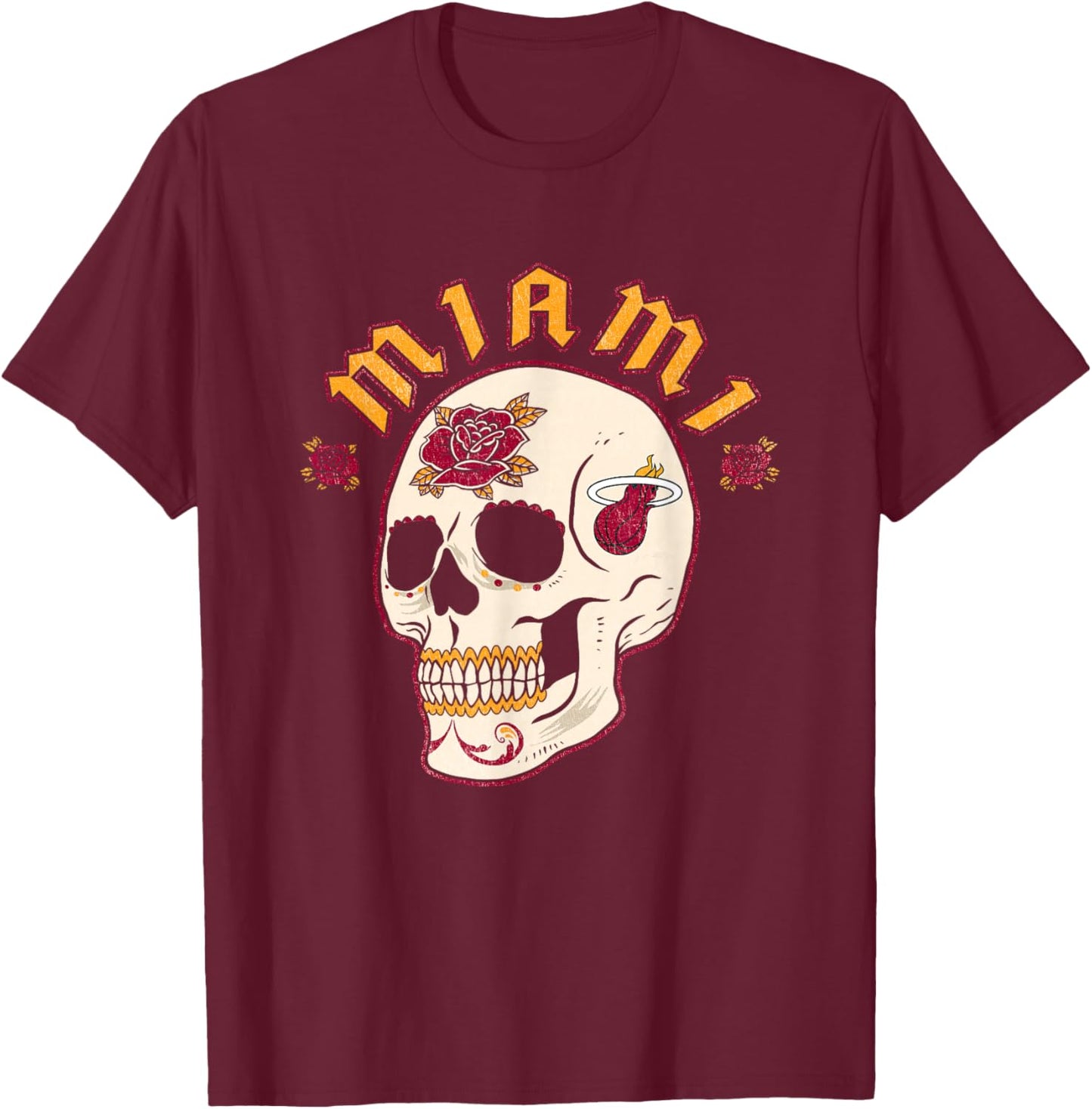 NBA Miami Heat Halloween Floral Skull T-Shirt - T-Shirt | Maroon