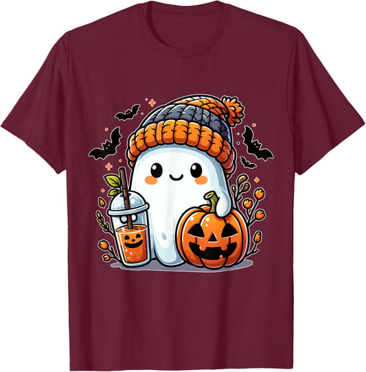 Cute Ghost with Beanie Pumpkin and Coffee T-Shirt - T-Shirt | Maroon