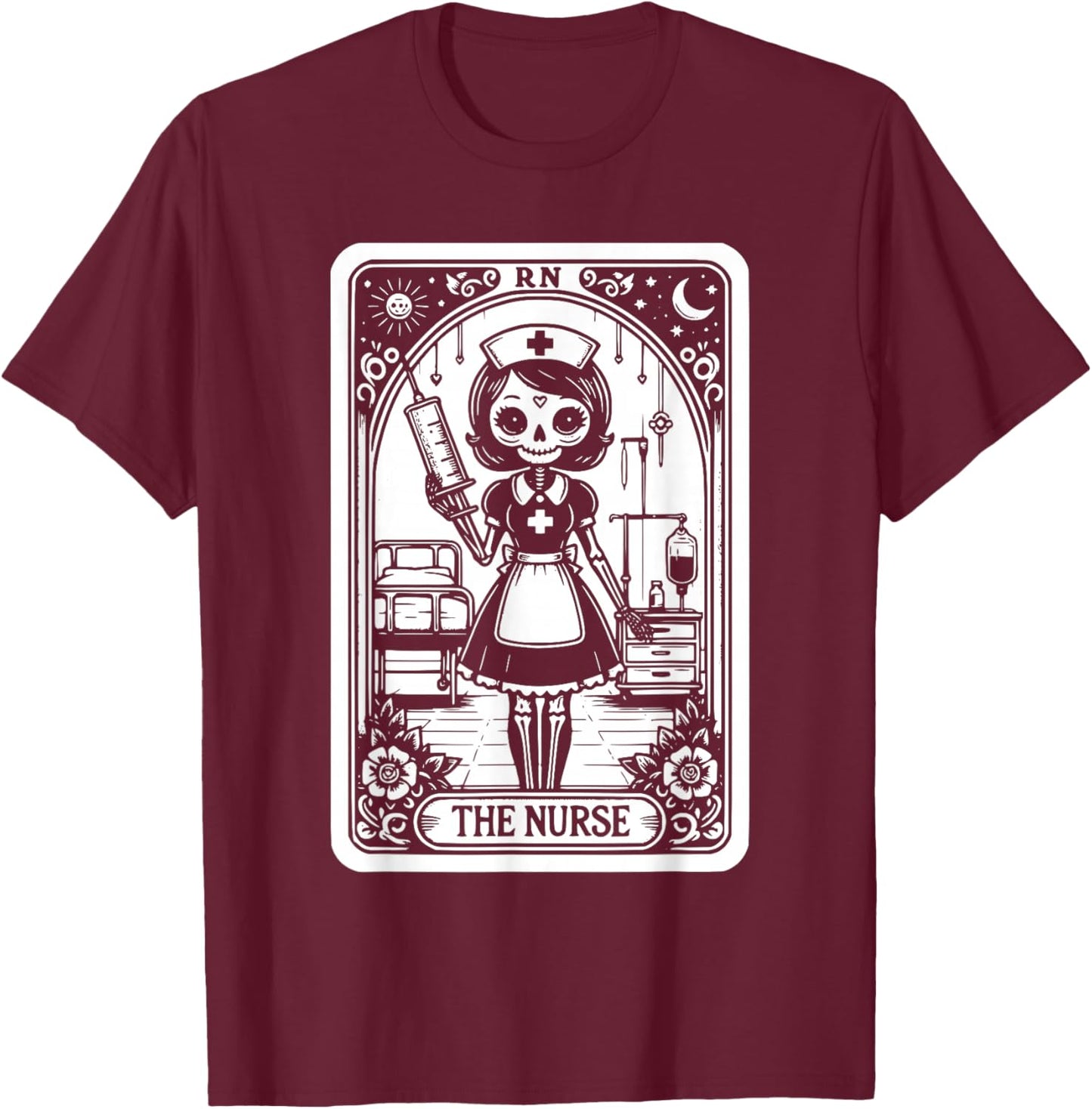 Funny Spooky Skeleton RN Nurse The Nurse Tarot Card Nursing T-Shirt - T-Shirt | Maroon