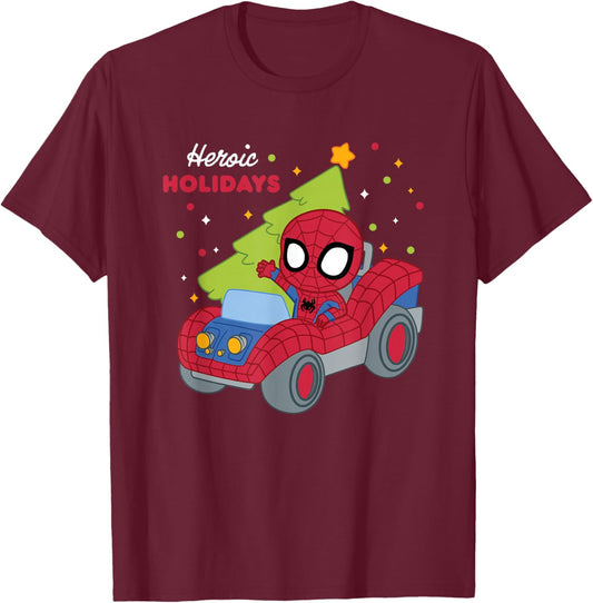 Marvel Christmas Heroic Holidays Cute Spider Man Chest Logo T-Shirt - T-Shirt | Maroon