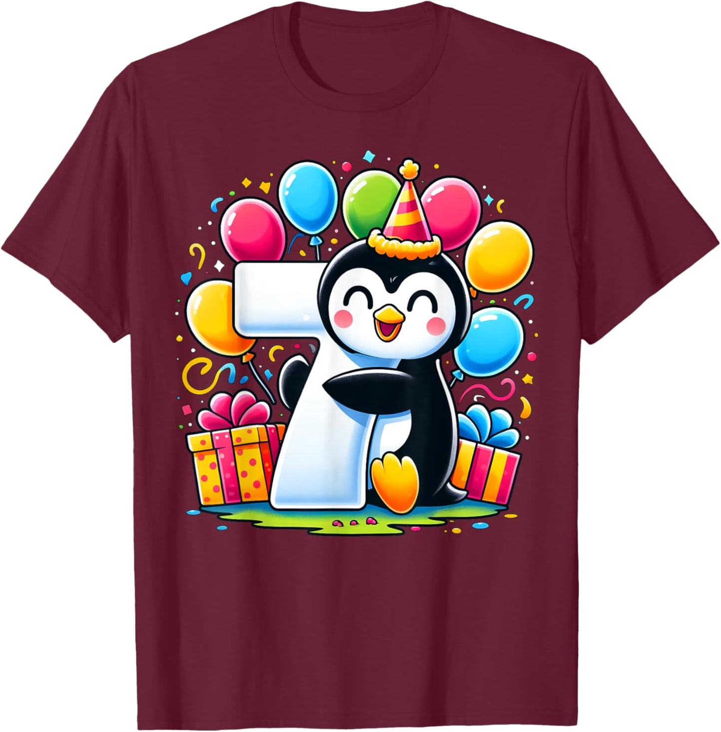 Kids Penguin Theme seventh Bday Party 7th Penguin Birthday T-Shirt - T-Shirt | Maroon