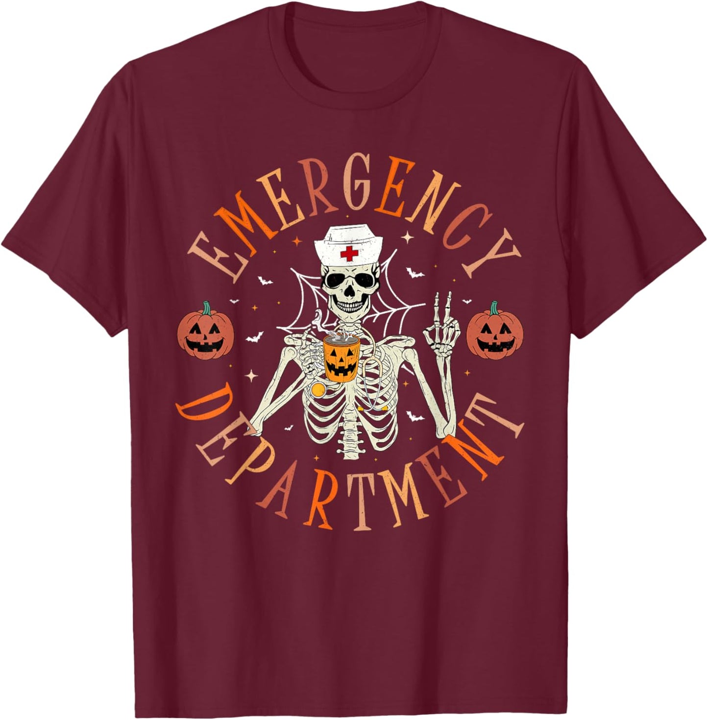 Emergency Department Skeleton ER Nurse Halloween T-Shirt - T-Shirt | Maroon