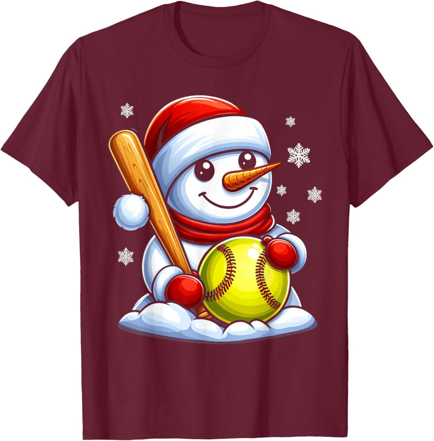 Softball Snowman Santa Hat Christmas Xmas Boys Girls Kids T-Shirt - T-Shirt | Maroon