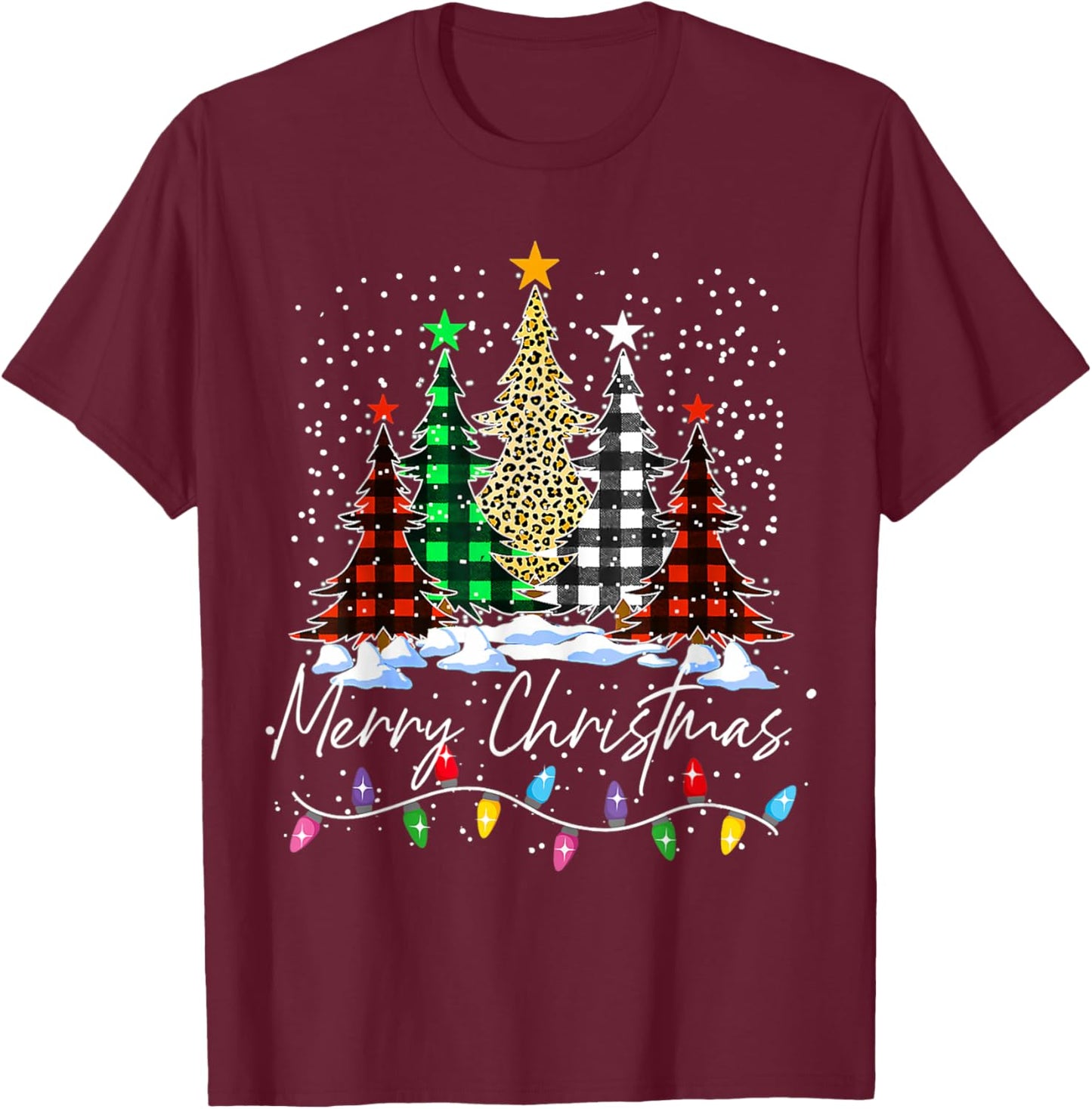 Merry Christmas Trees With Buffalo Red Plaid Leopard Xmas T-Shirt - T-Shirt | Maroon