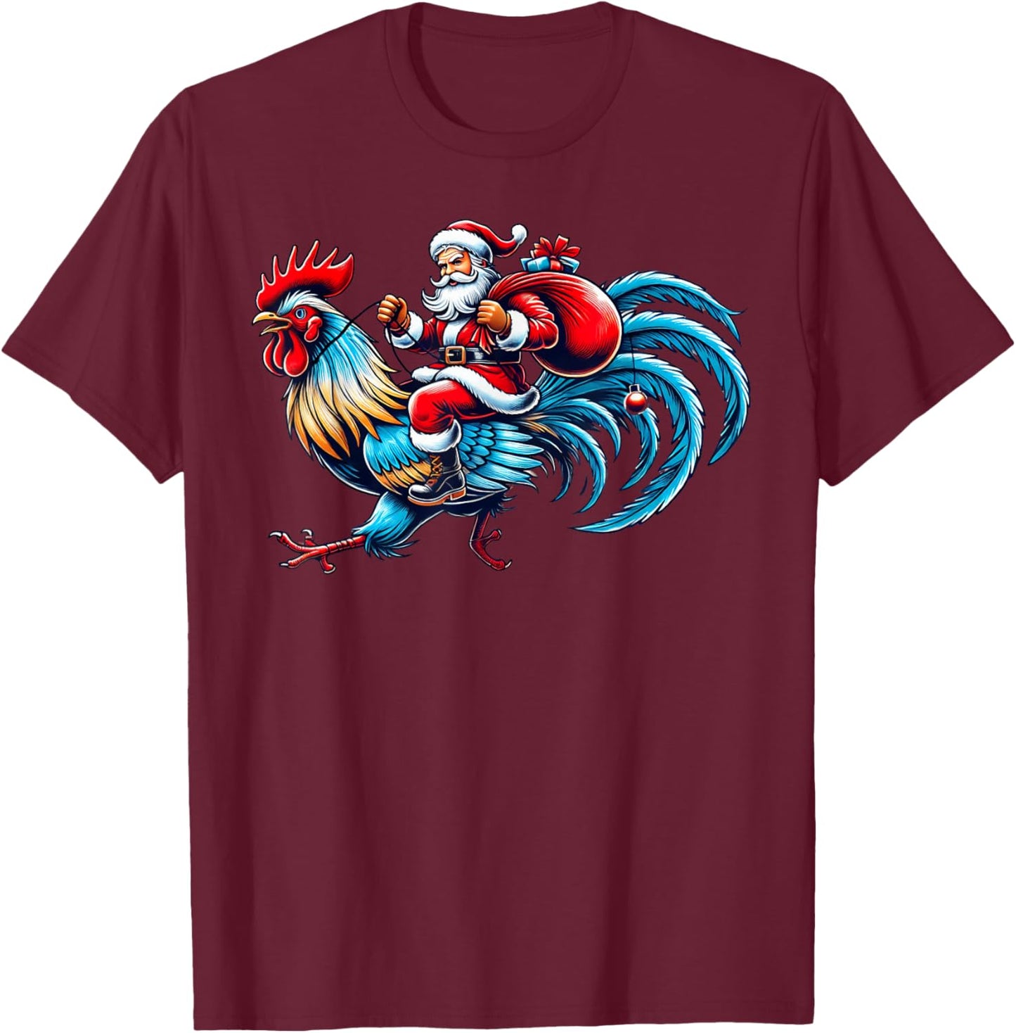 Chicken Lover Xmas Funny Santa Riding Chicken Christmas 2024 T-Shirt - T-Shirt | Maroon