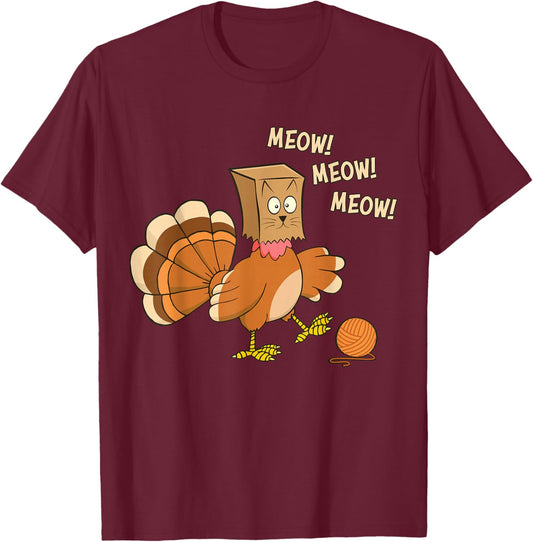 Funny Thanksgiving Turkey Fake Cat Meow T-Shirt - T-Shirt | Maroon