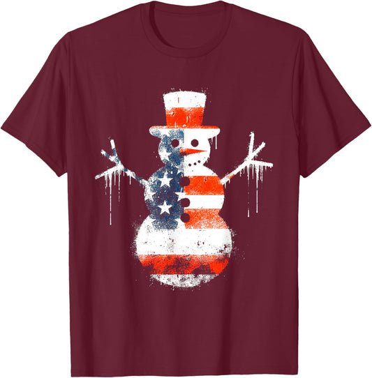 Snowman American Flag - Patriotic USA Snowman Xmas Lover T-Shirt - T-Shirt | Maroon