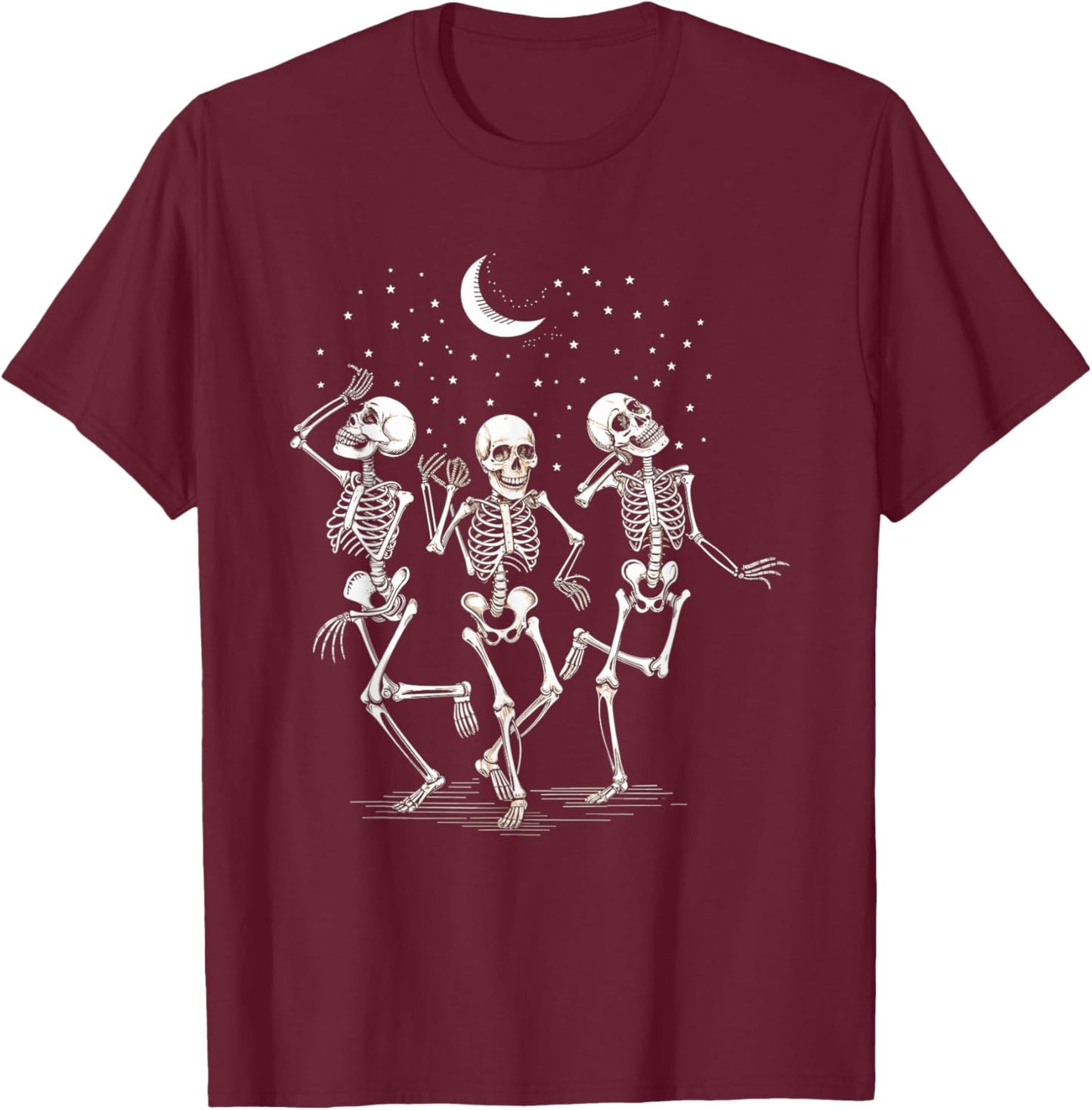 Skeleton Dance Moon Stars Night Halloween Party T-Shirt - T-Shirt | Maroon