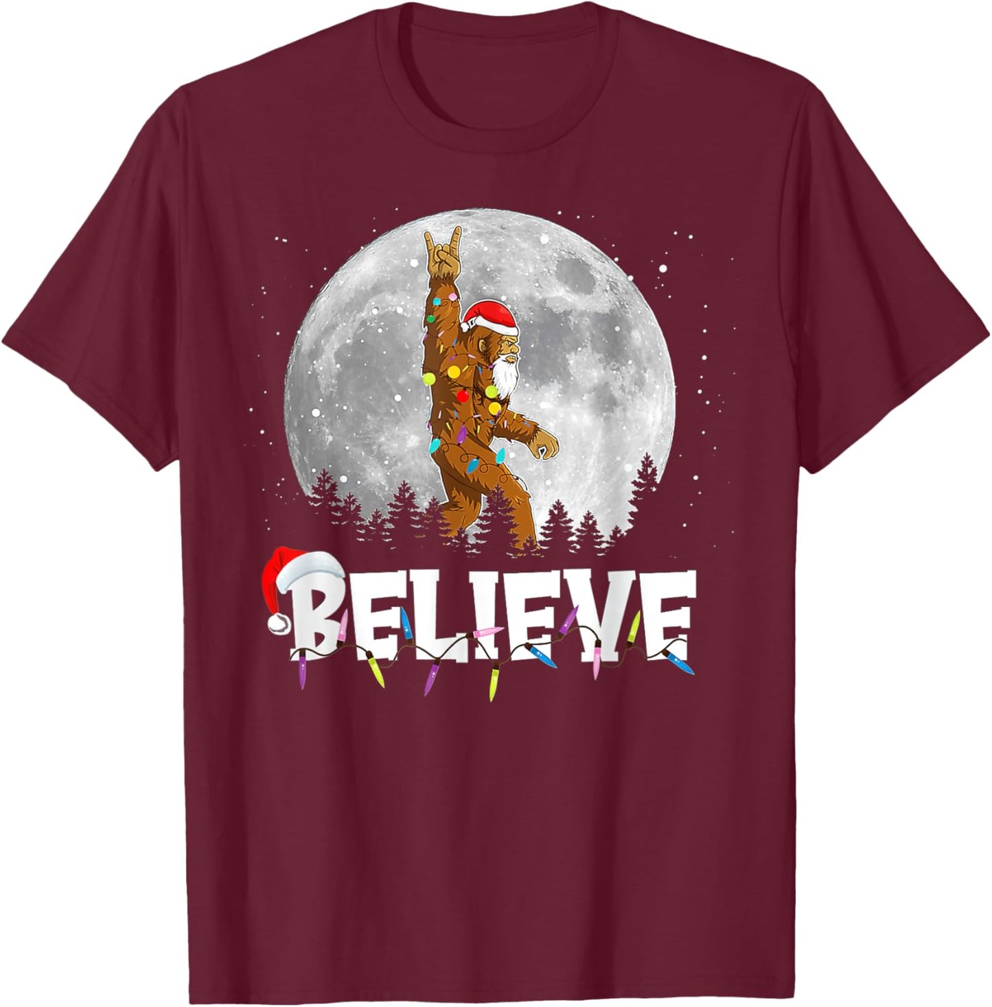 Santa Bigfoot Christmas Light Funny Sasquatch Believe Xmas T-Shirt - T-Shirt | Maroon