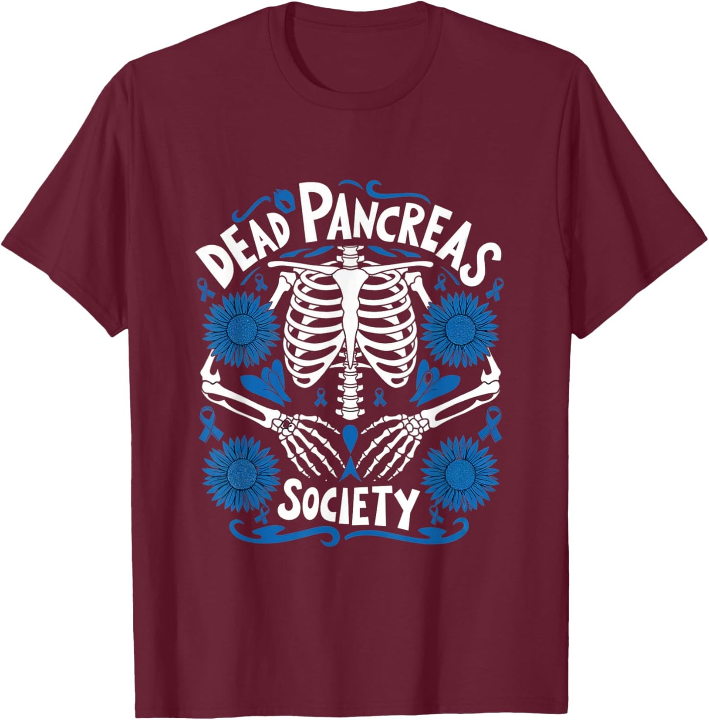 Diabetes Awareness Day: Blue Dead Pancreas Society Skeleton T-Shirt - T-Shirt | Maroon