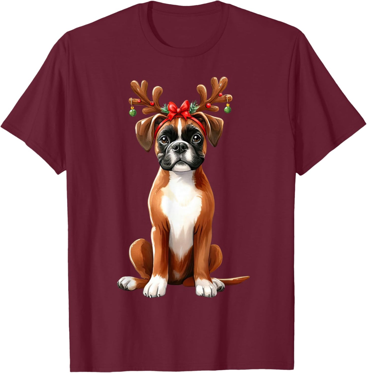 Boxer Reindeer Santa Hat Xmas Lights Christmas Xmas Dog Men Women T-Shirt - T-Shirt | Maroon