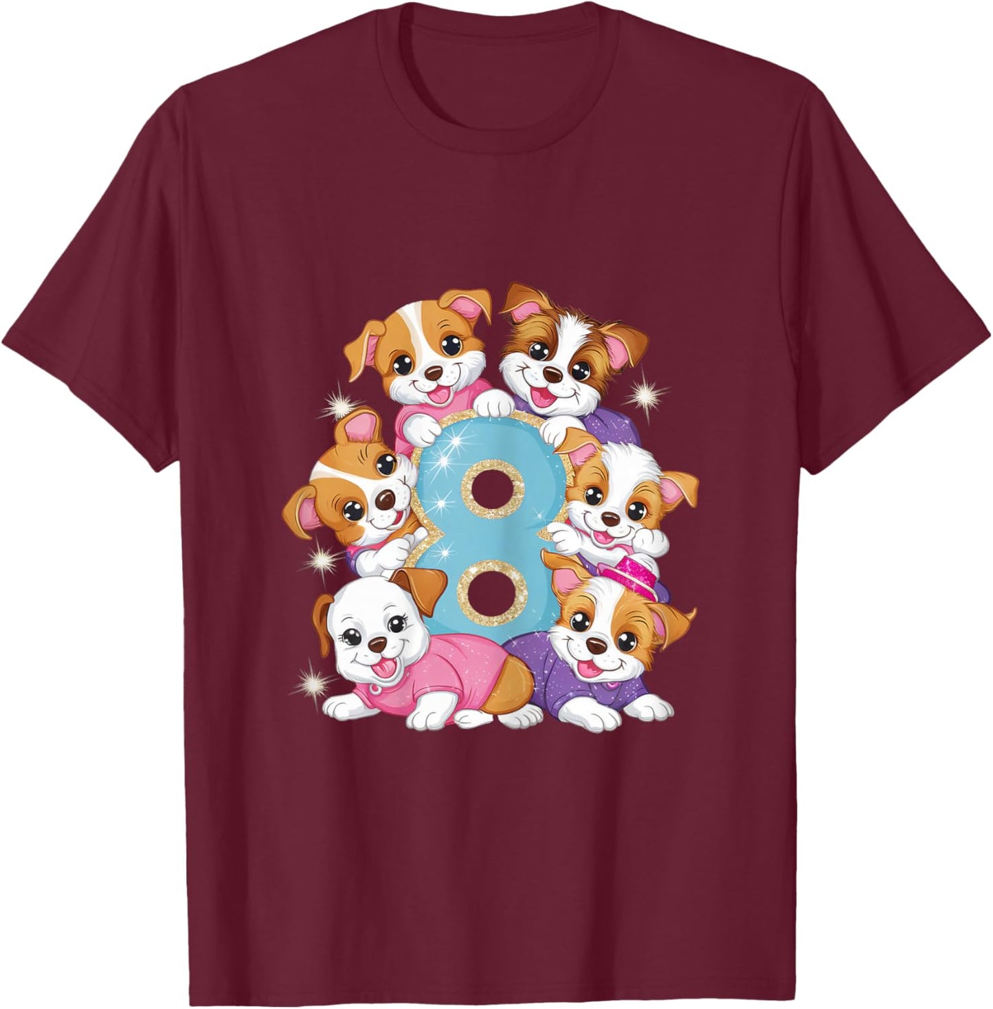 8th Birthday Dog Birthday Shirt for Girls 8 Years Puppy T-Shirt - T-Shirt | Maroon