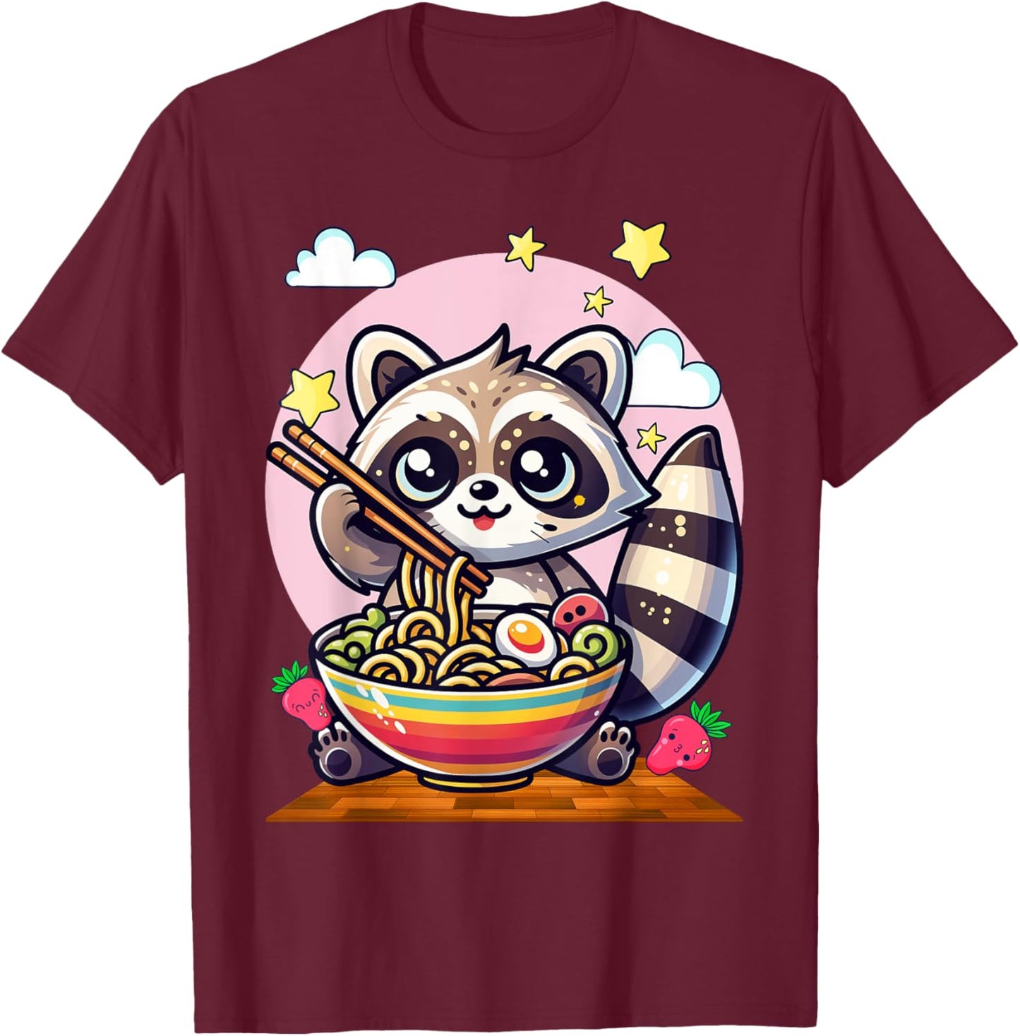 Raccoon Noodles Lover Gift Co. -Adults & Kids Raccoon Eating Japanese Noodles Kawaii Ramen Bowl - Black, Small, Short Sleeve T-Shirt - T-Shirt | Maroon